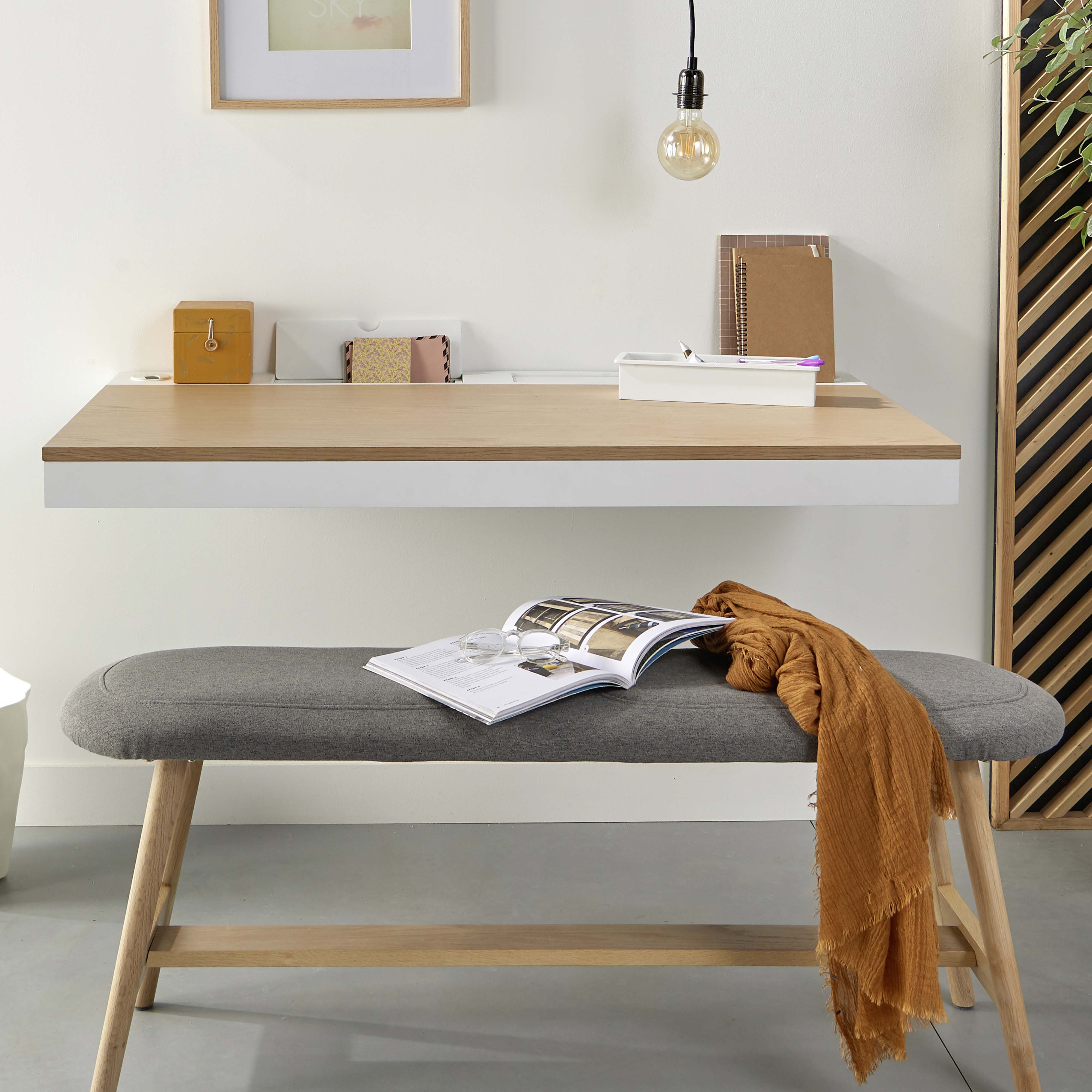 Banc d'Entrée Chêne Naturel avec Assise en Tissu L120 x H46 x P35 cm OTELO