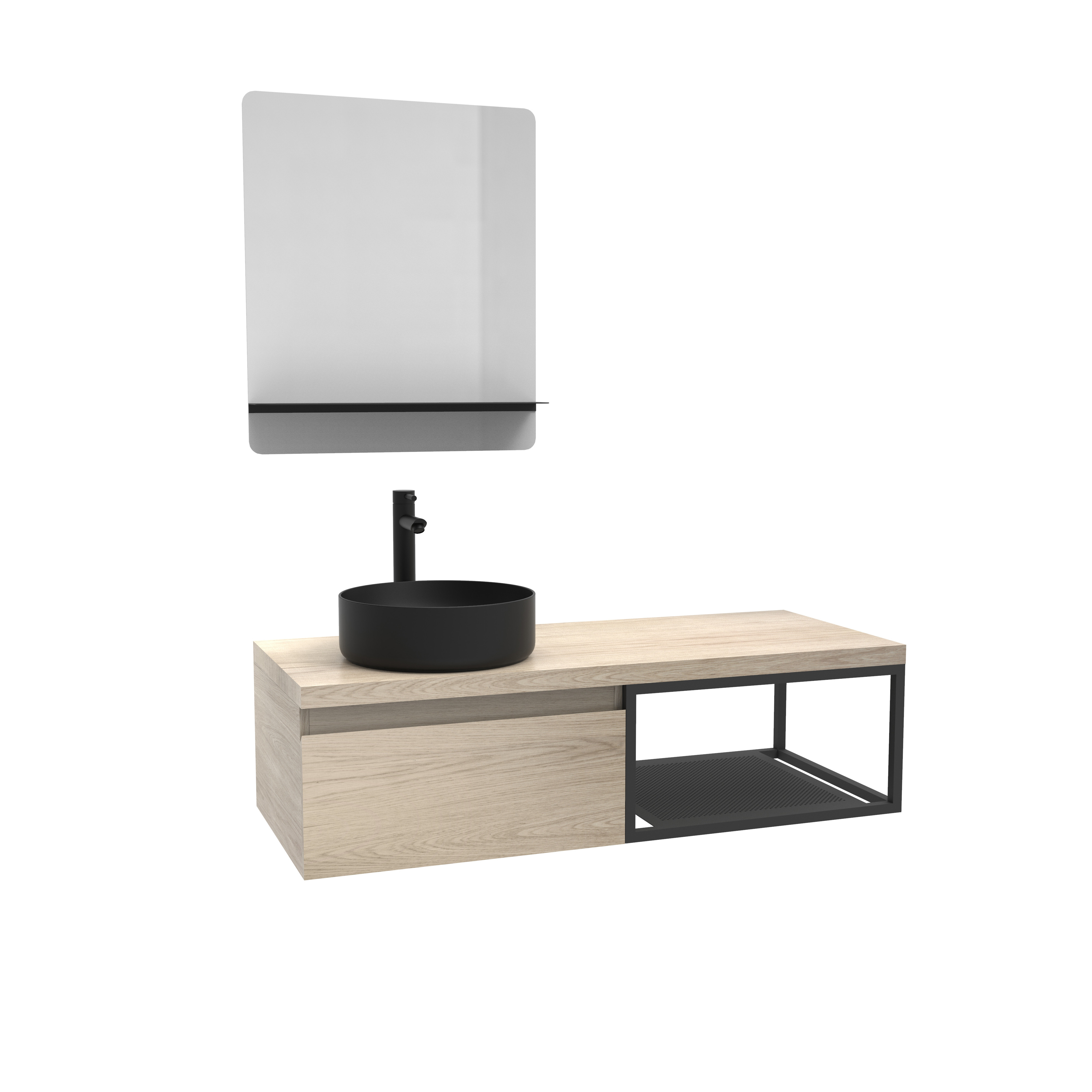 Meuble de salle de bain bois et métal avec vasque noire et miroir WILL