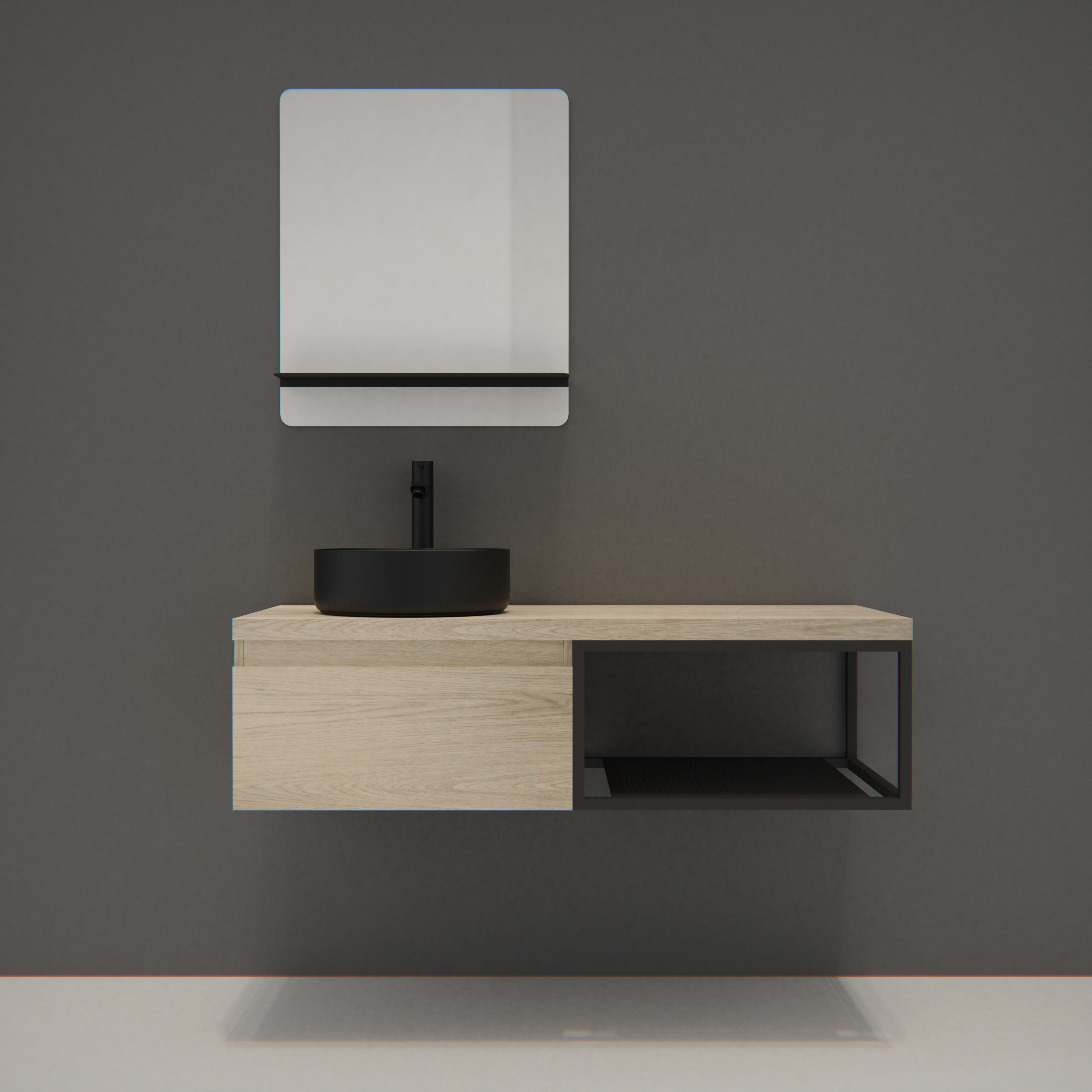 Meuble de salle de bain bois et métal avec vasque noire et miroir WILL