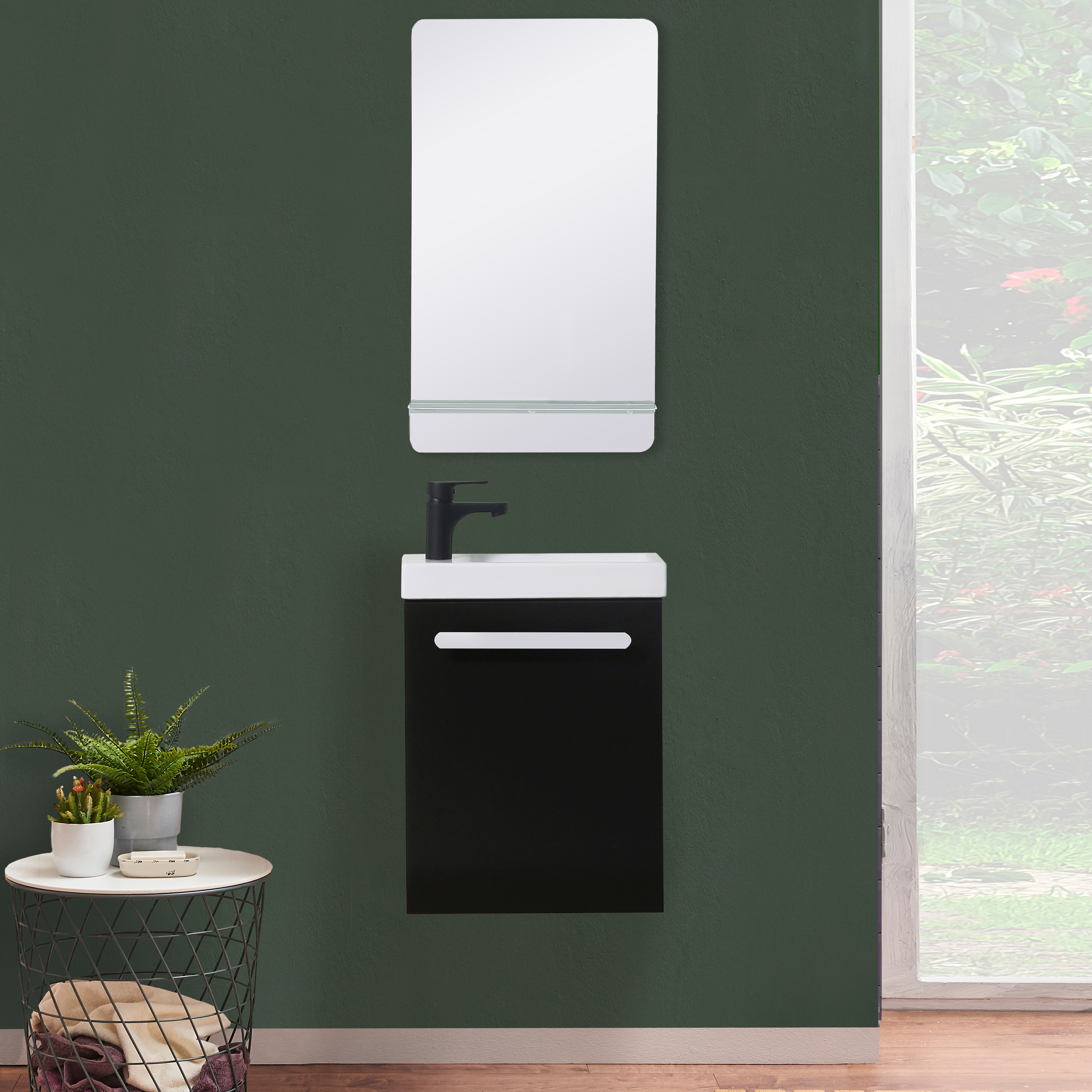 Meuble lave-mains noir carbone NEVADA avec robinet noir et miroir tablette blanche