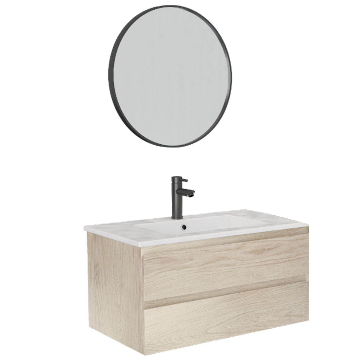 Ensemble meuble de salle de bain SORRENTO 80cm avec robinet noir et miroir