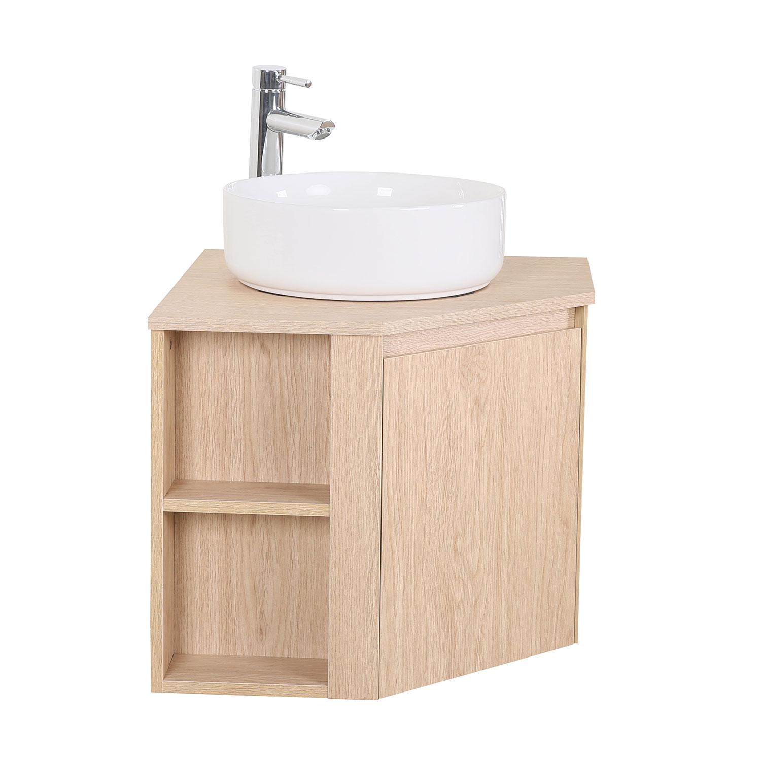 Ensemble meuble d'angle simple vasque décor chêne + vasque + robinet