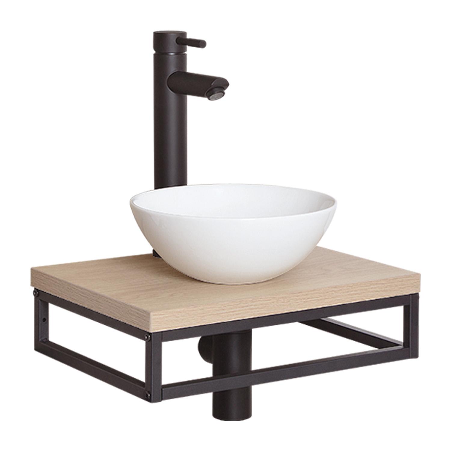 Meuble lave-mains plan fin porte-serviettes dessous + vasque blanche + robinet