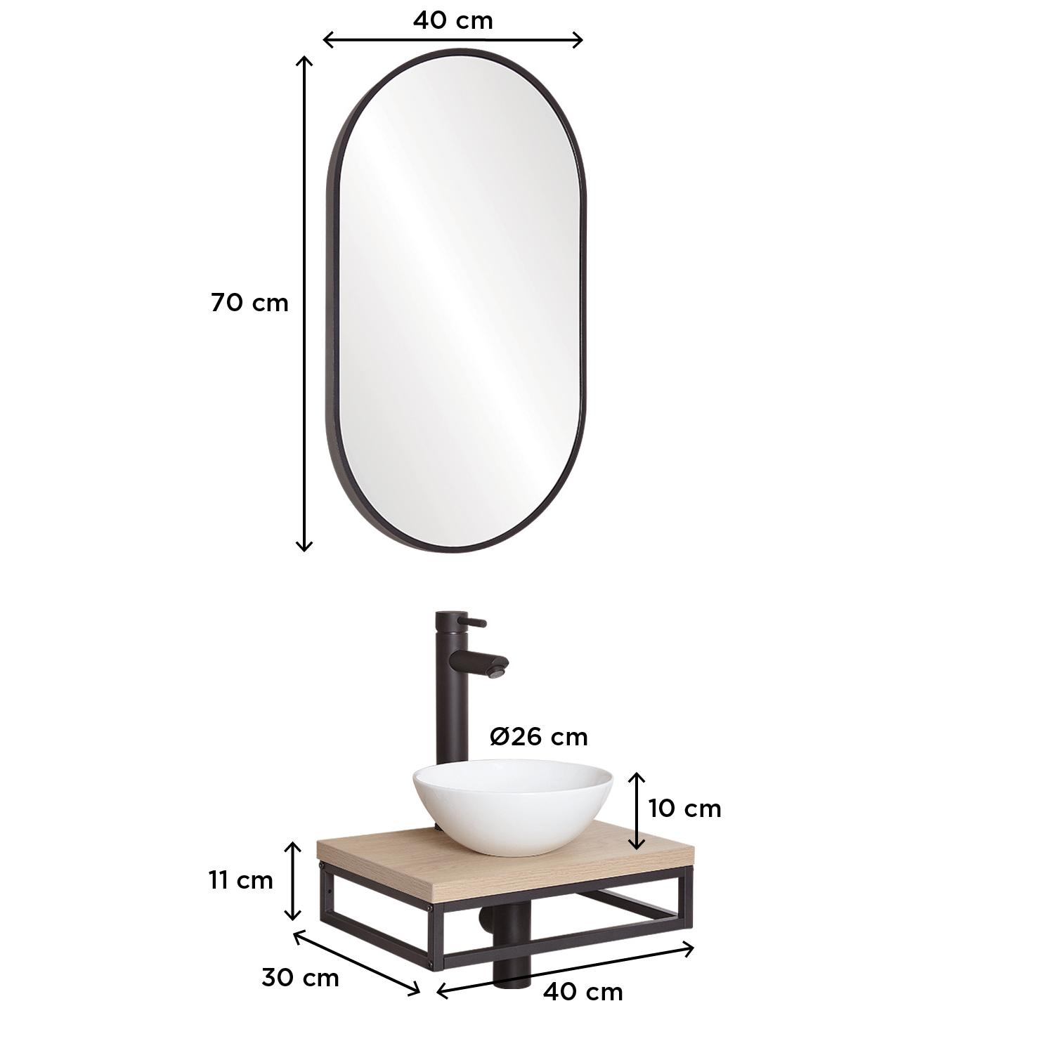 Meuble lave-mains plan fin porte-serviettes dessous + vasque blanche + miroir