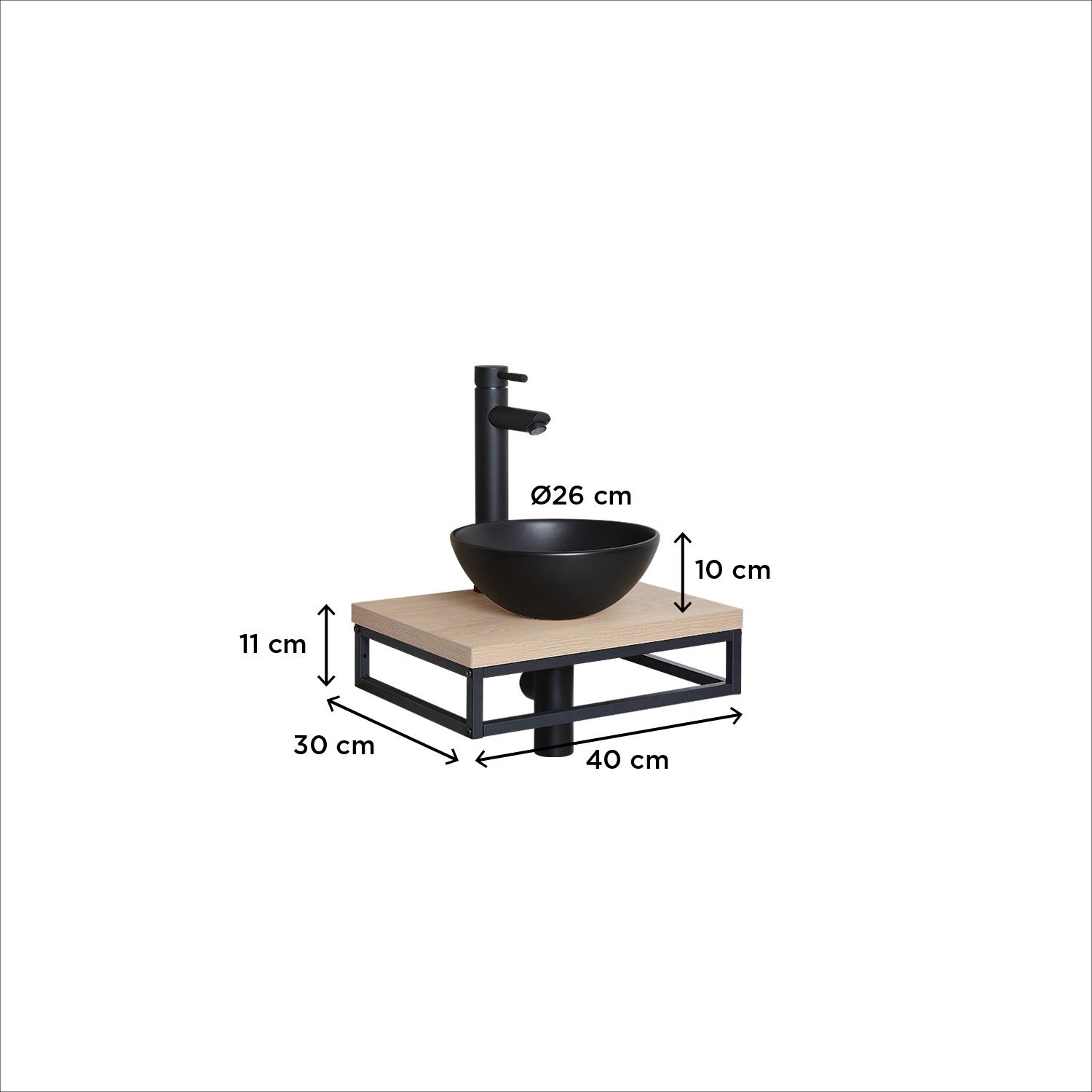 Meuble lave-mains plan fin porte-serviettes dessous + vasque noire
