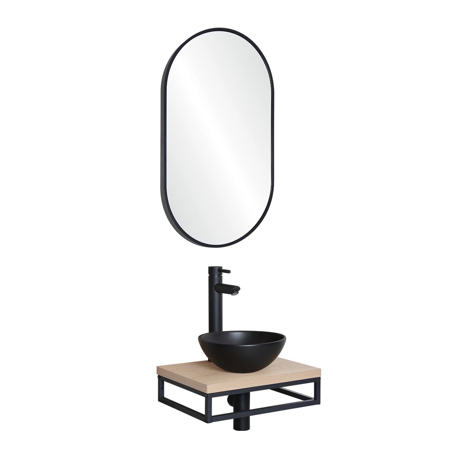 Meuble lave-mains plan fin porte-serviettes dessous + vasque noire + miroir