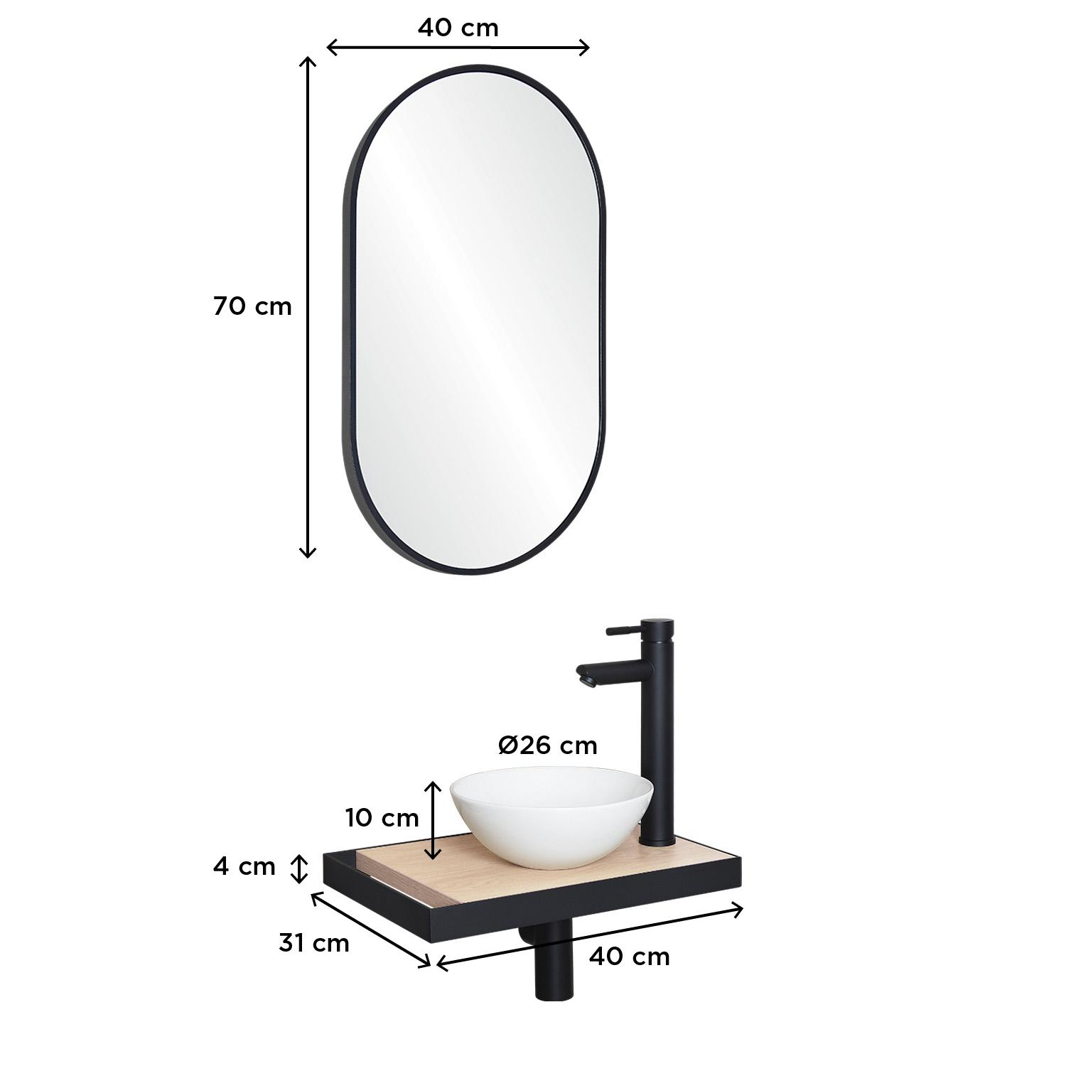 Meuble lave-mains plan fin porte-serviettes côté + vasque blanche + miroir