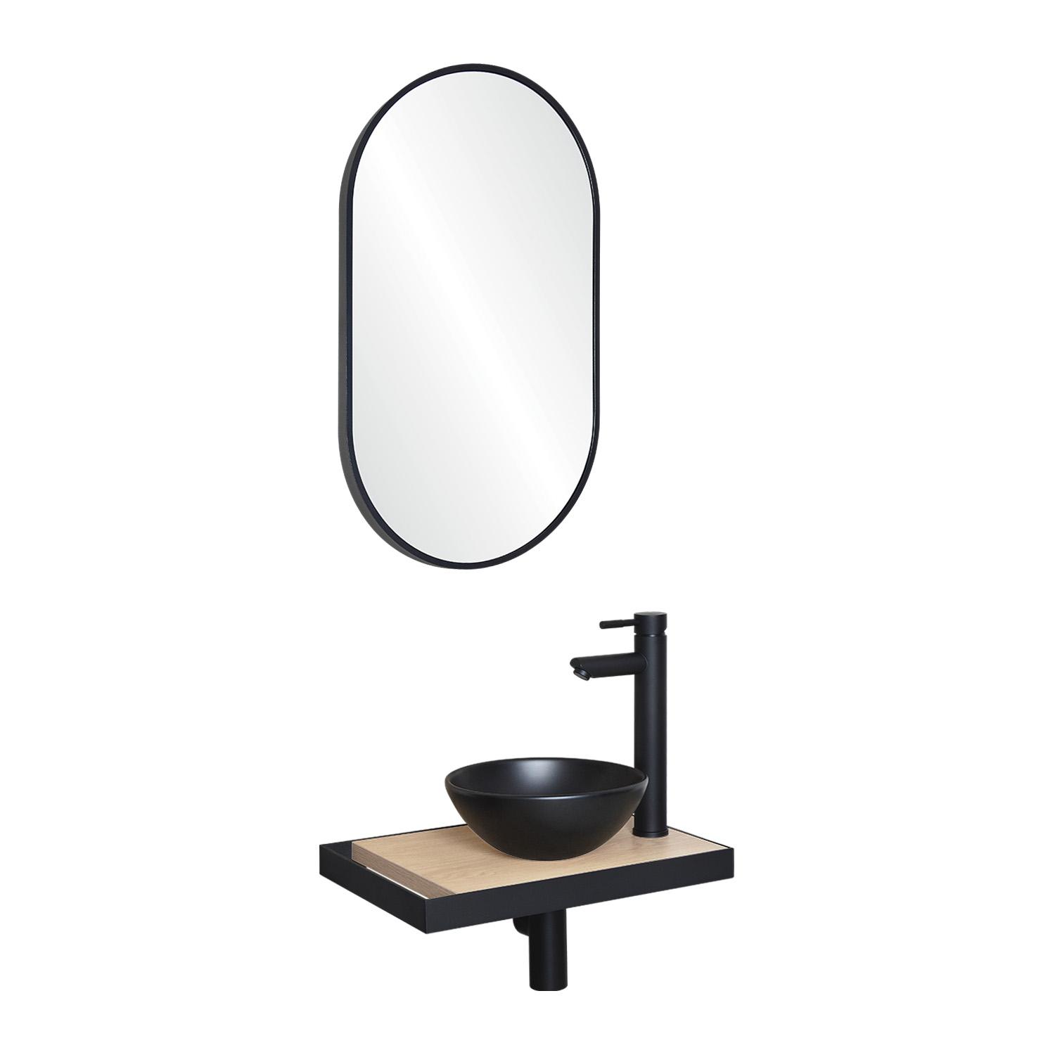 Meuble lave-mains plan fin porte-serviettes côté + vasque noire + robinet + miroir