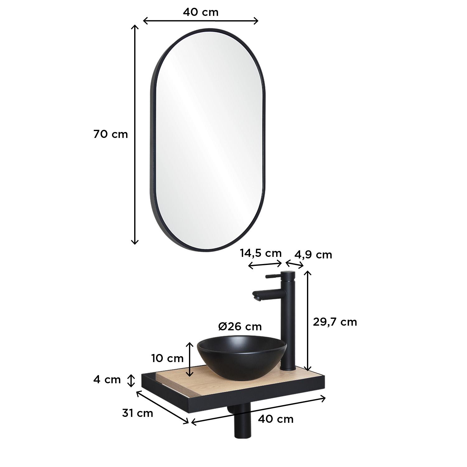Meuble lave-mains plan fin porte-serviettes côté + vasque noire + robinet + miroir
