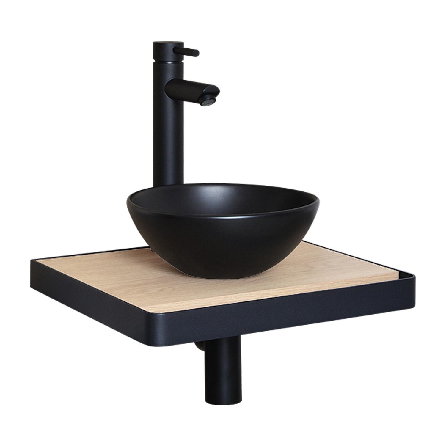 Meuble lave-mains plan fin porte-serviettes face + vasque noire