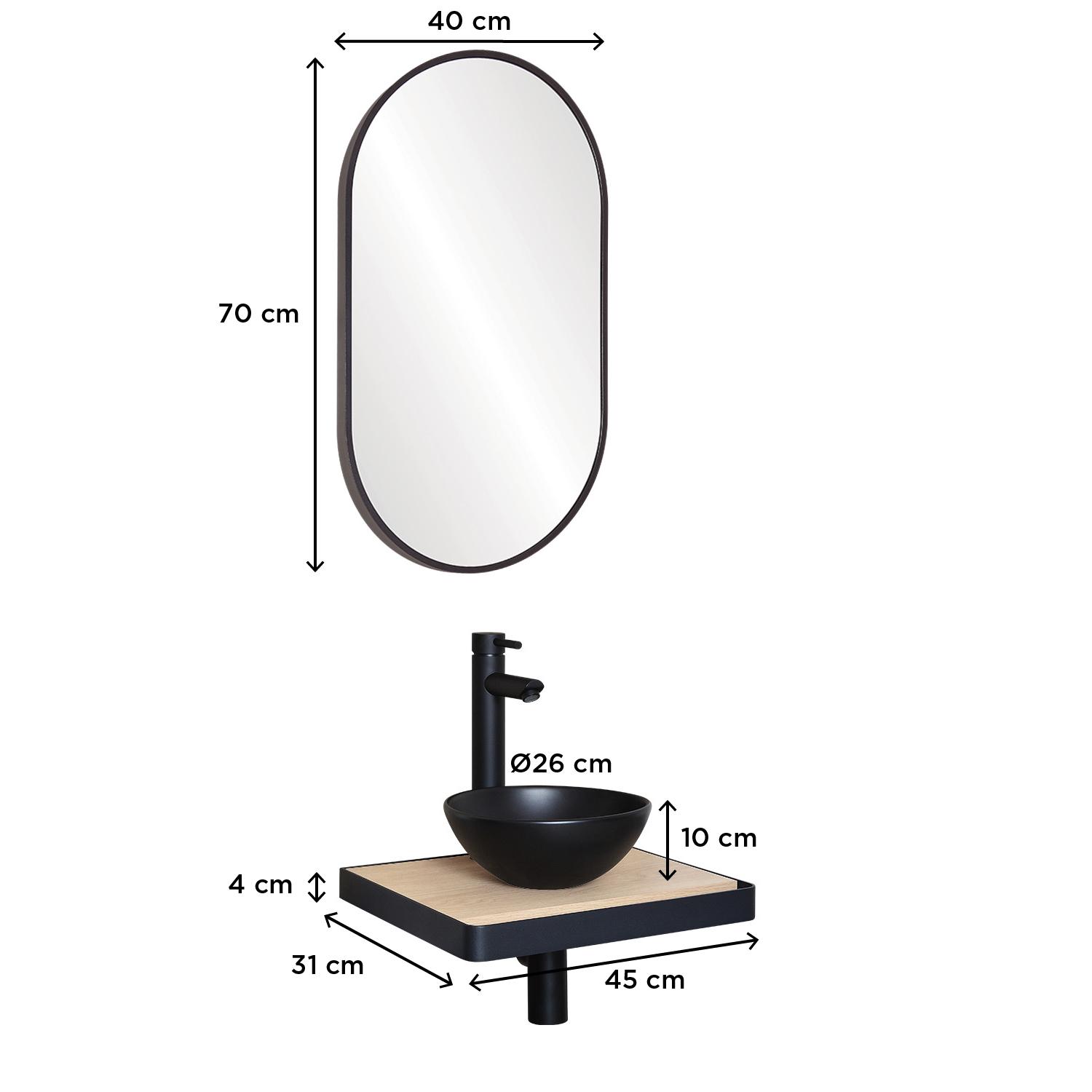 Meuble lave-mains plan fin porte-serviettes face + vasque noire + miroir
