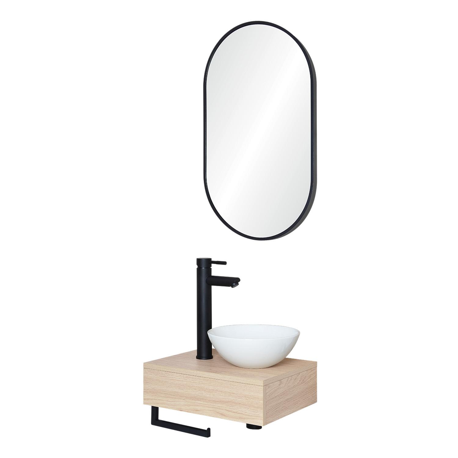 Meuble lave-mains plan épais porte-serviettes dessous + vasque blanche + miroir