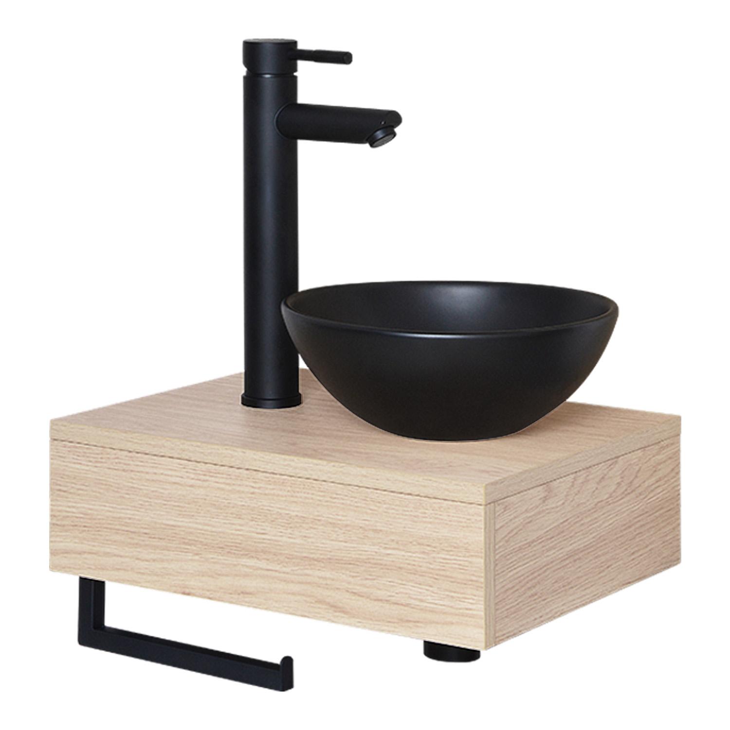 Meuble lave-mains plan épais porte-serviettes dessous + vasque noire