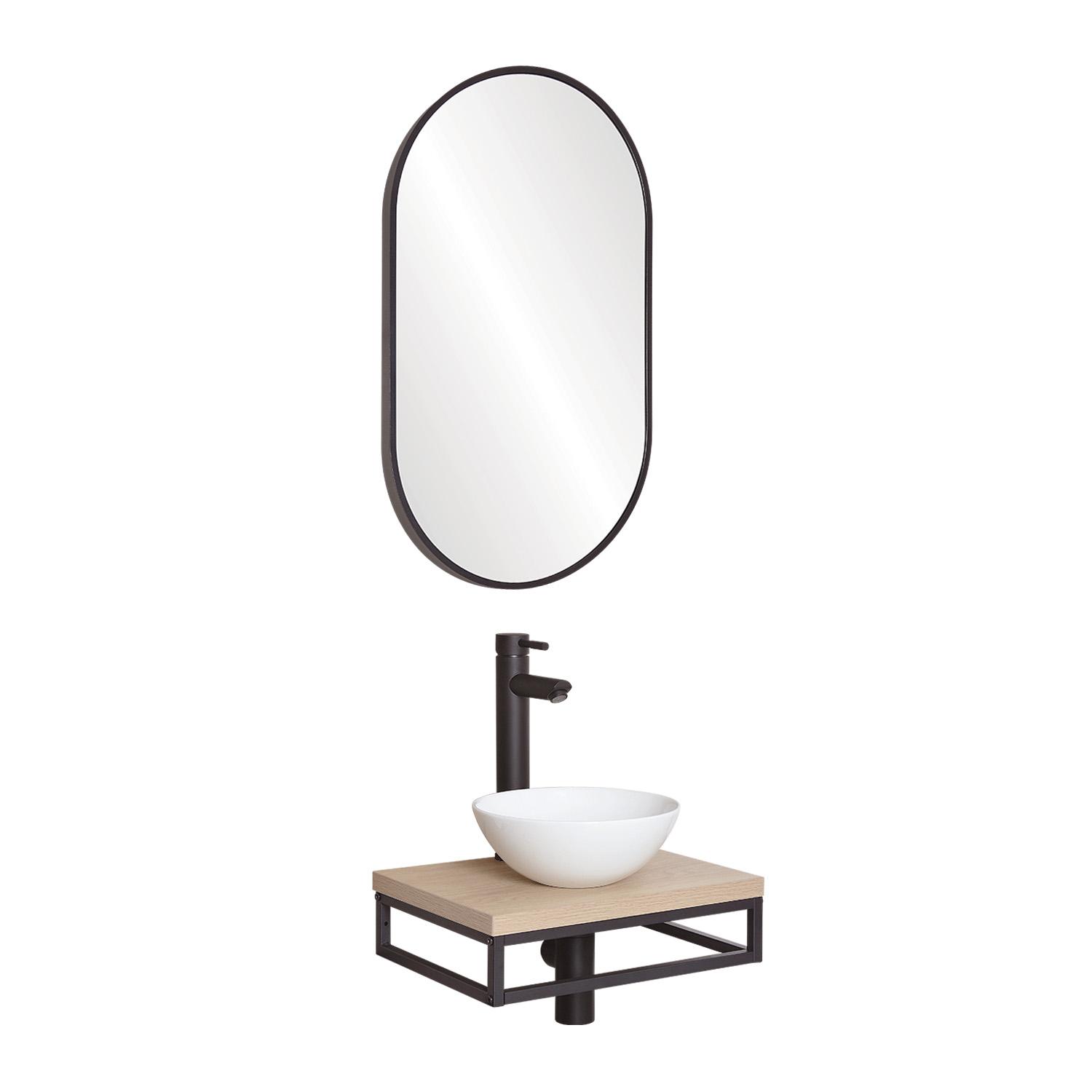 Meuble lave-mains plan fin porte-serviettes dessous + vasque blanche + robinet + miroir