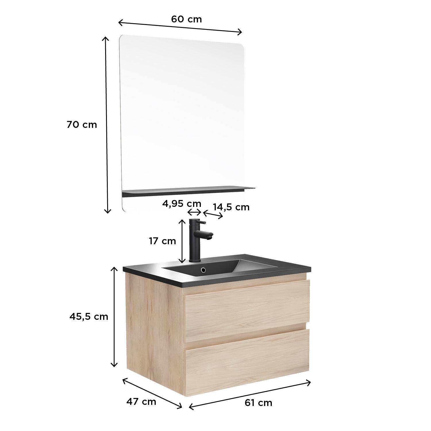 Ensemble meuble simple vasque 60cm décor chêne + vasque noire + robinet + miroir