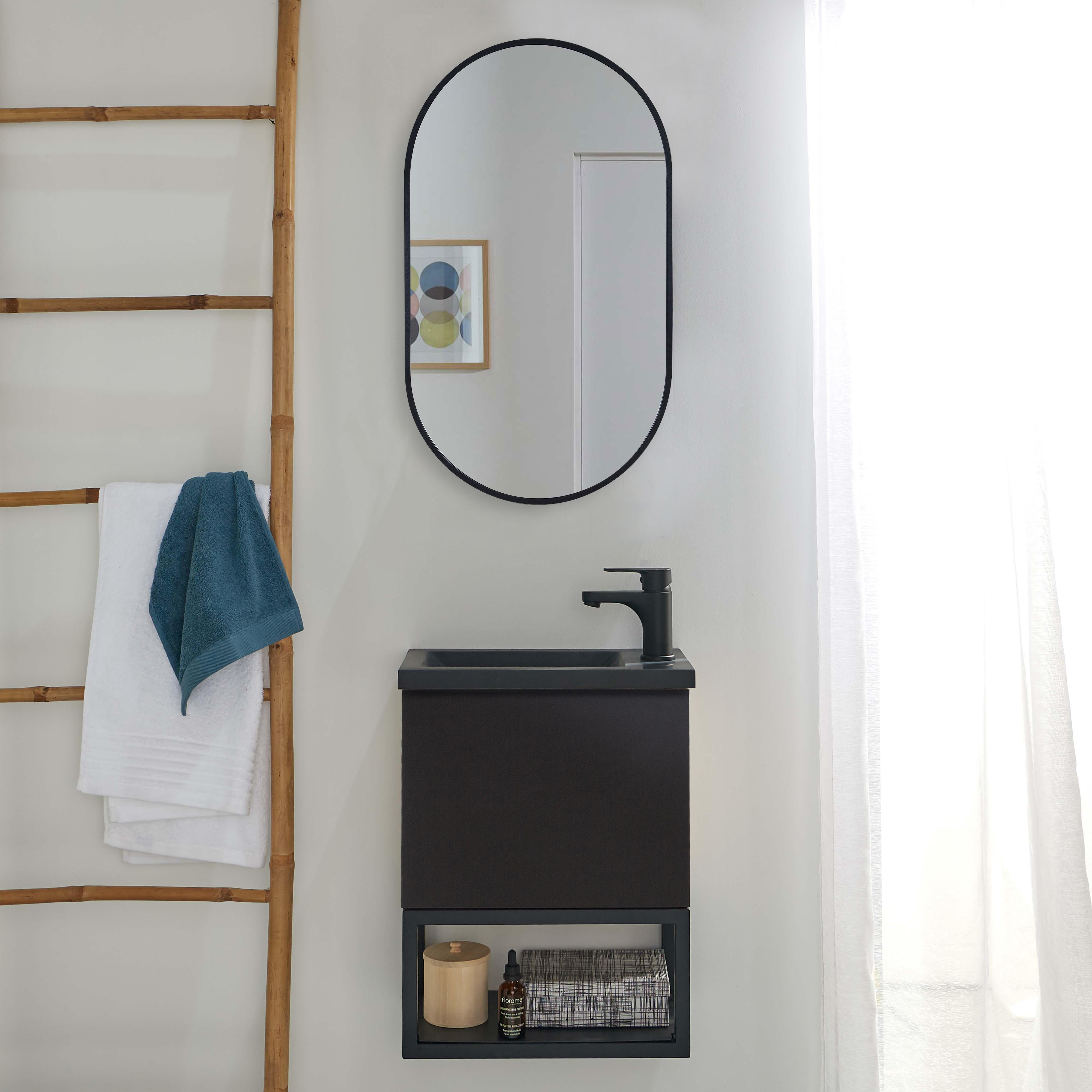 Ensemble meuble lave-mains NOVA noir carbone + miroir + robinet