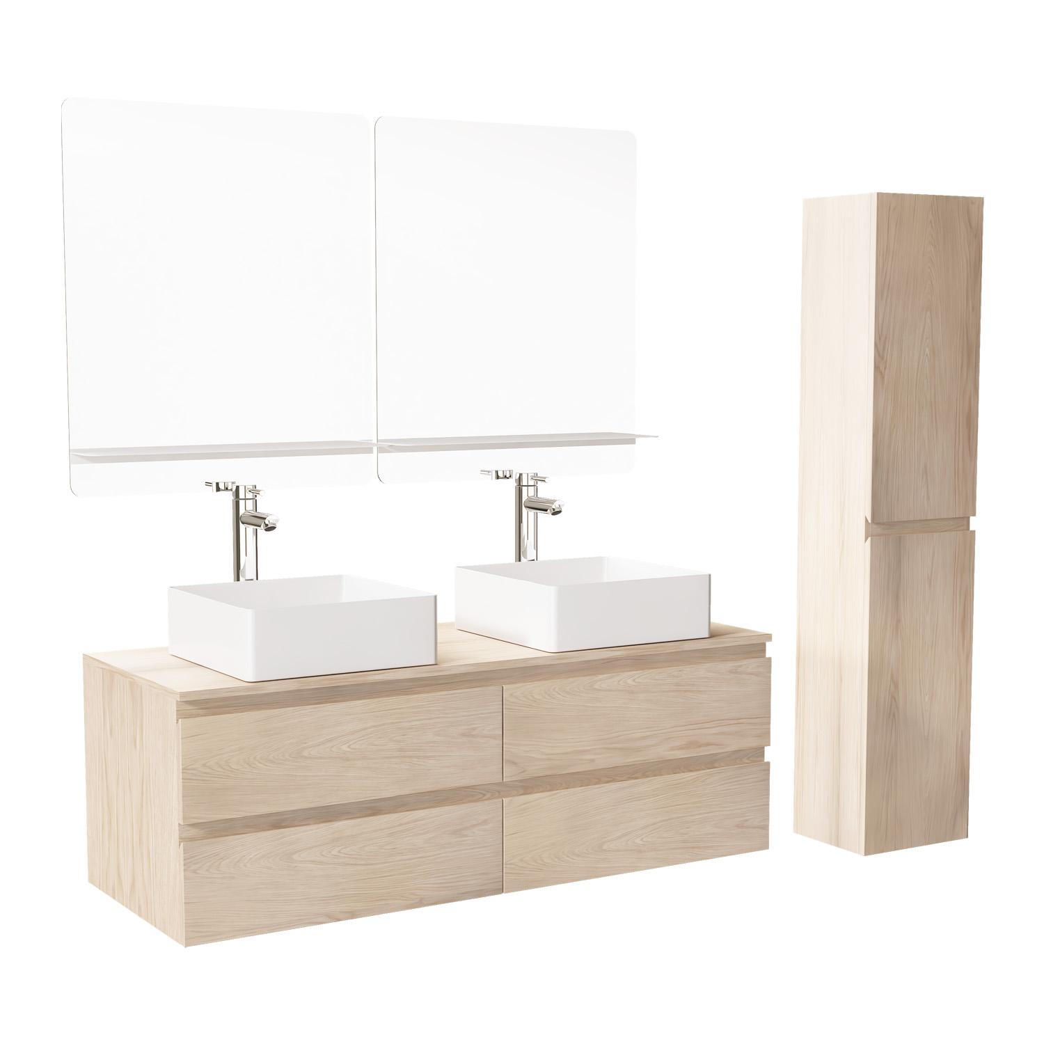 Meuble double vasque décor chêne 120 cm + 2 vasques + 2 miroirs + 2 robinets + colonne