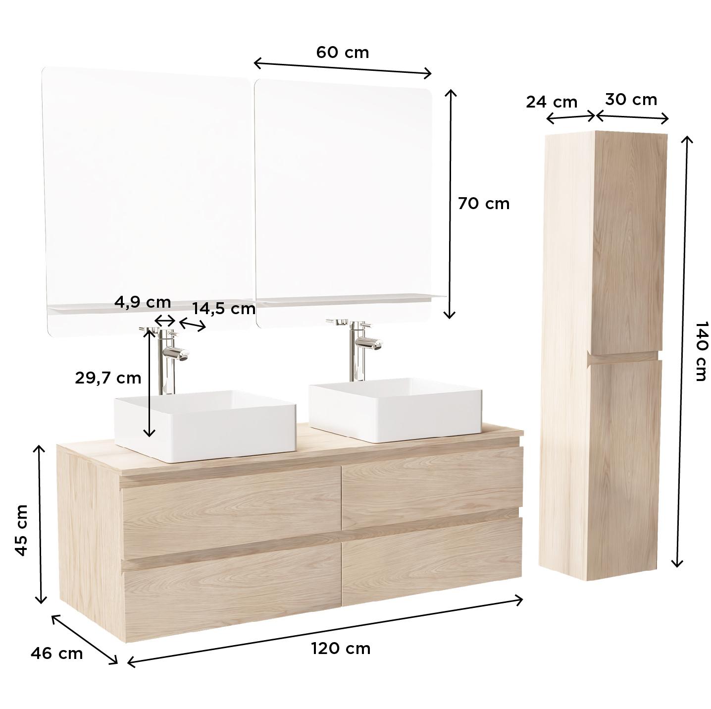 Meuble double vasque décor chêne 120 cm + 2 vasques + 2 miroirs + 2 robinets + colonne