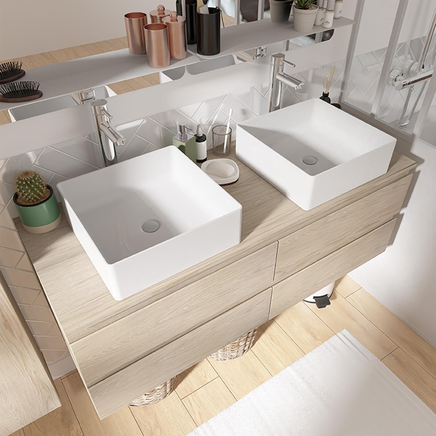 Meuble double vasque décor chêne 120 cm + 2 vasques + 2 miroirs + 2 robinets + colonne