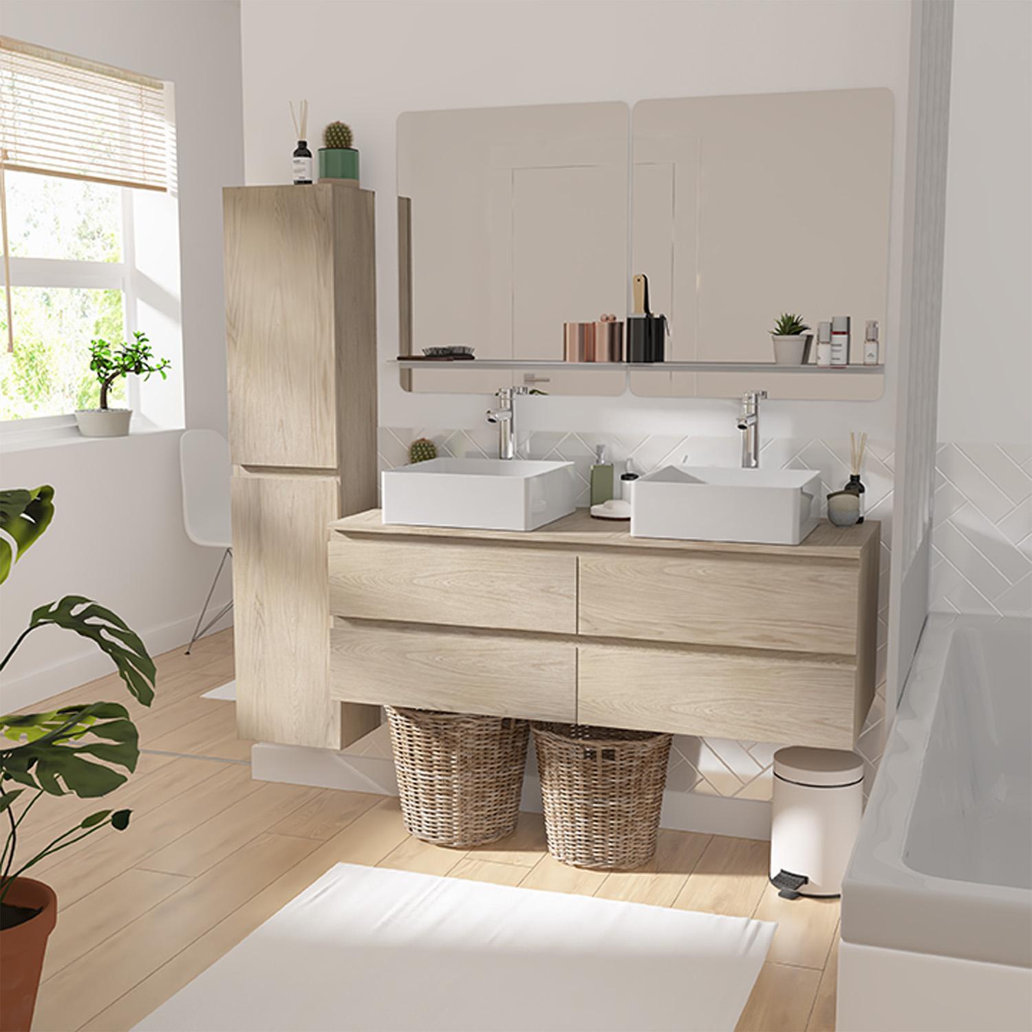 Meuble double vasque décor chêne 120 cm + 2 vasques + 2 miroirs + 2 robinets + colonne