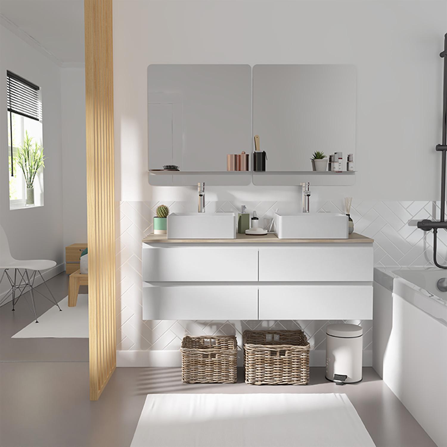 Ensemble meuble double vasque blanc 120 cm + 2 vasques + 2 miroirs + 2 robinets