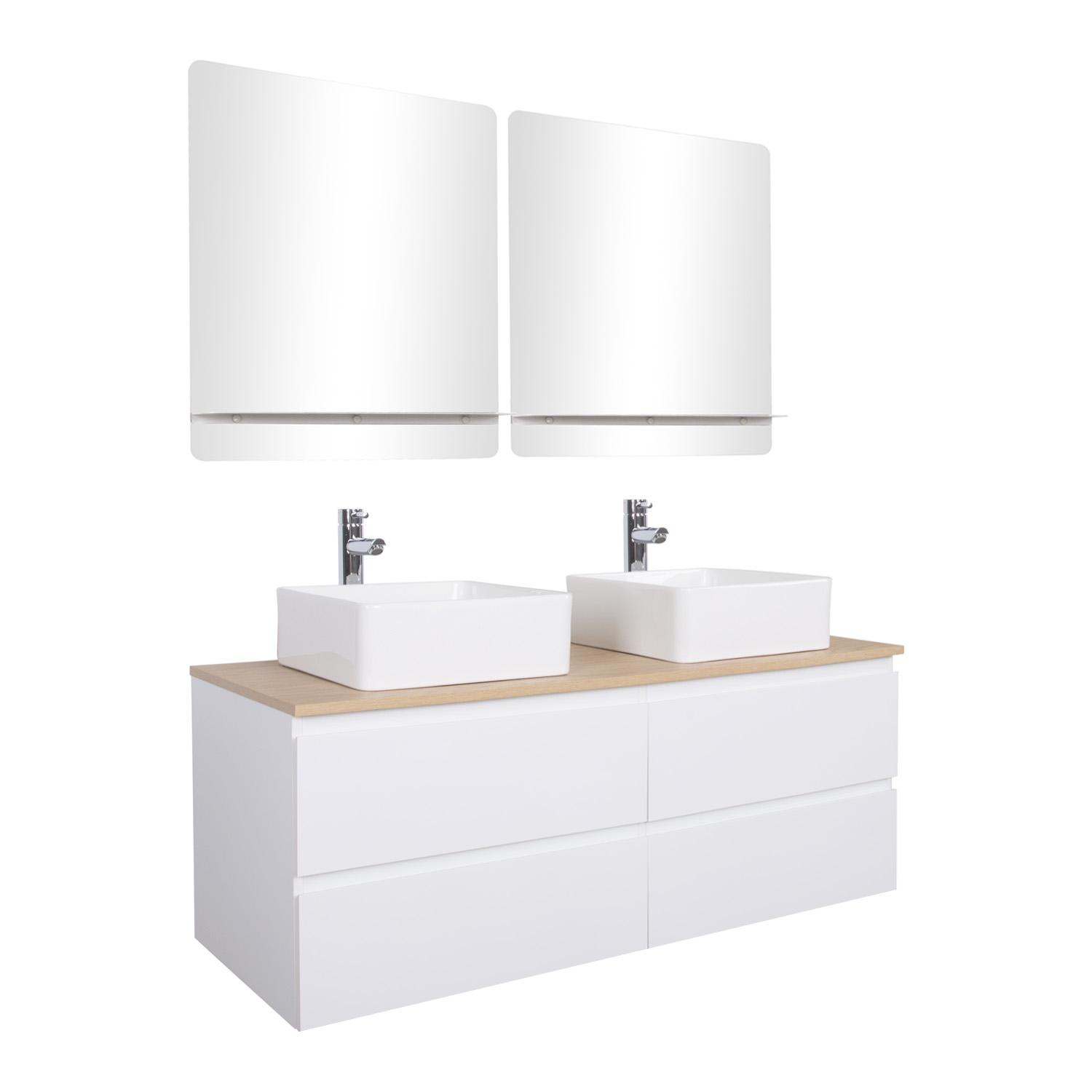 Ensemble meuble double vasque blanc 120 cm + 2 vasques + 2 miroirs + 2 robinets
