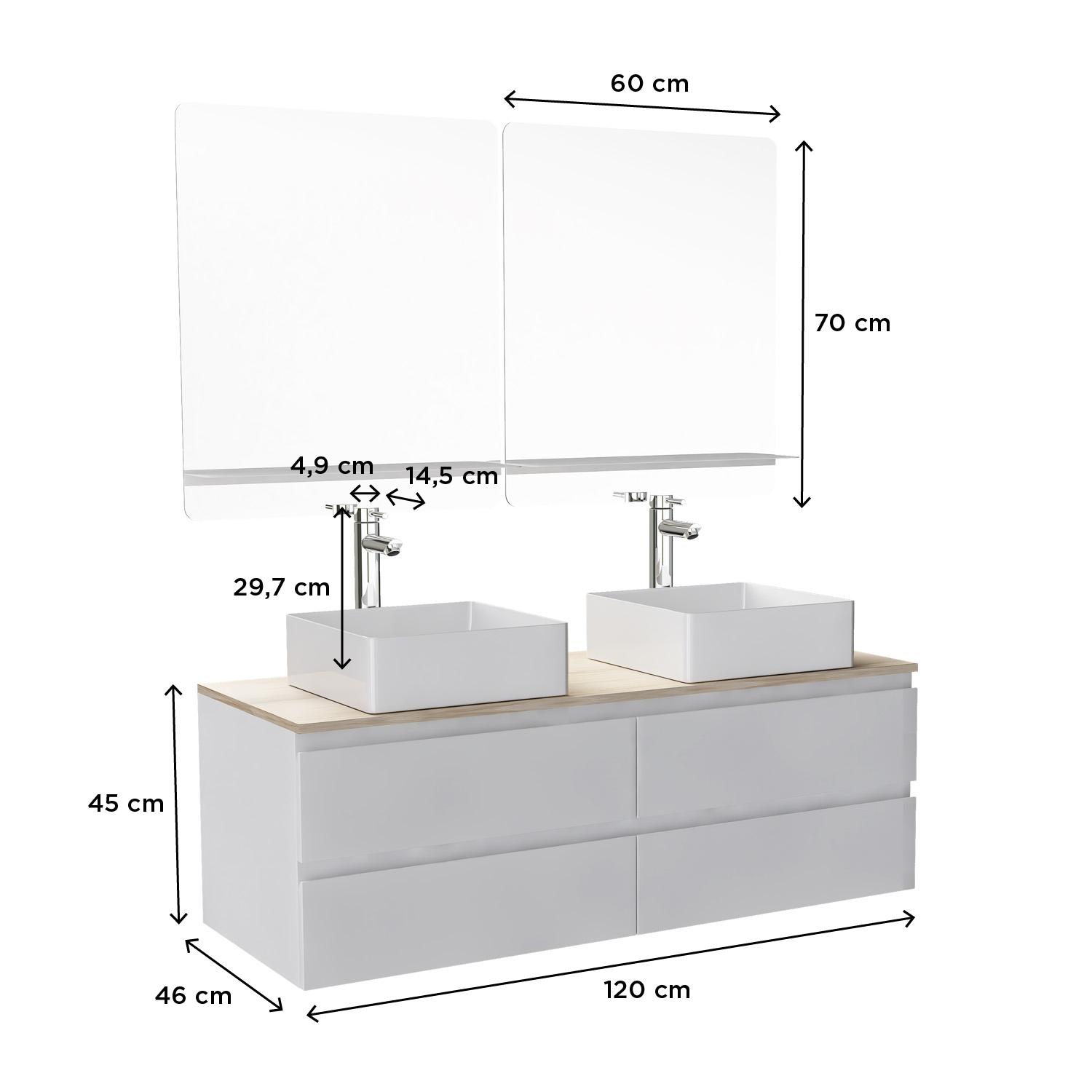 Ensemble meuble double vasque blanc 120 cm + 2 vasques + 2 miroirs + 2 robinets