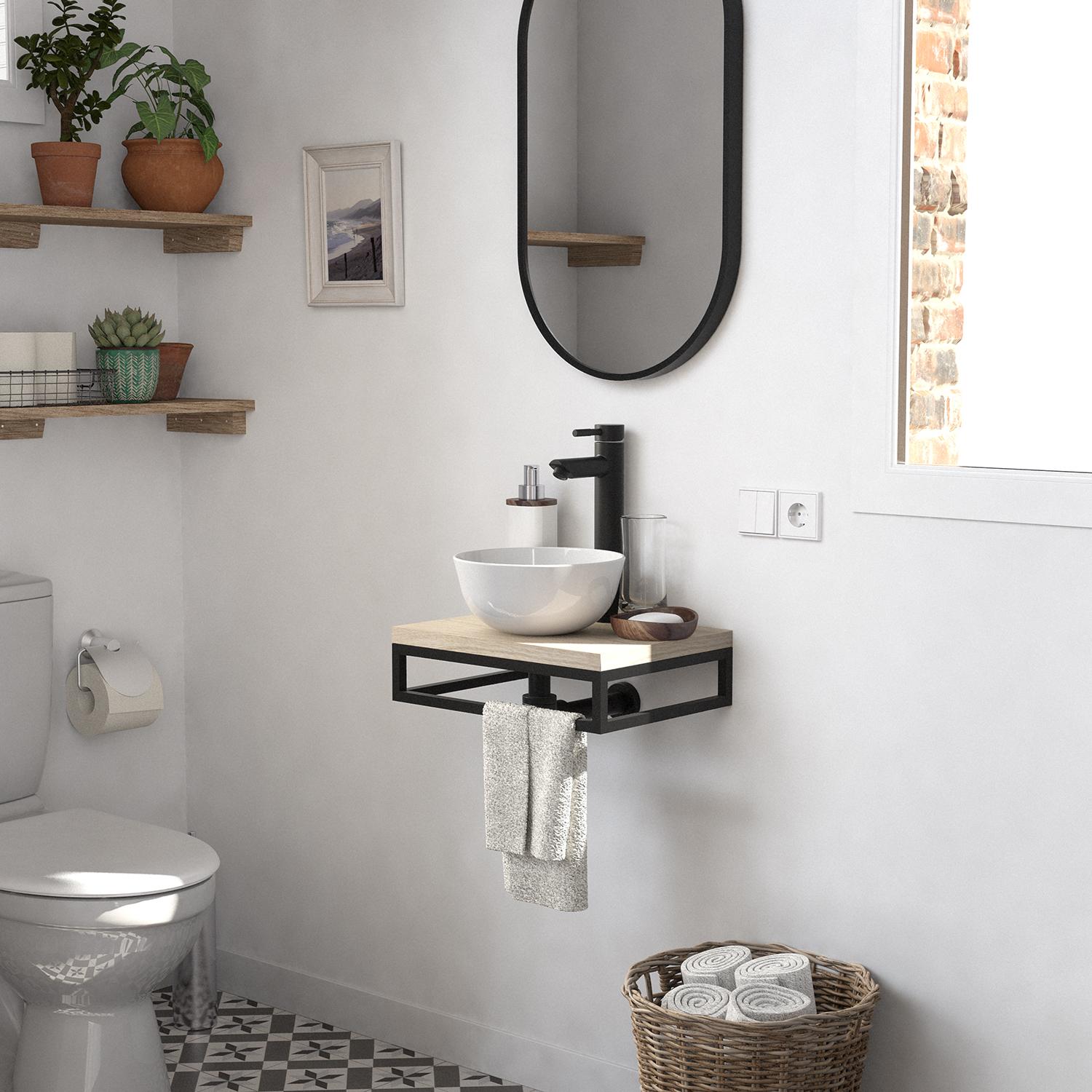 Meuble lave-mains plan fin porte-serviettes dessous + vasque blanche + robinet + miroir