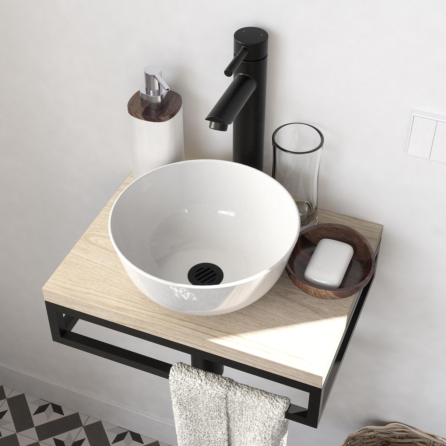 Meuble lave-mains plan fin porte-serviettes dessous + vasque blanche + robinet + miroir