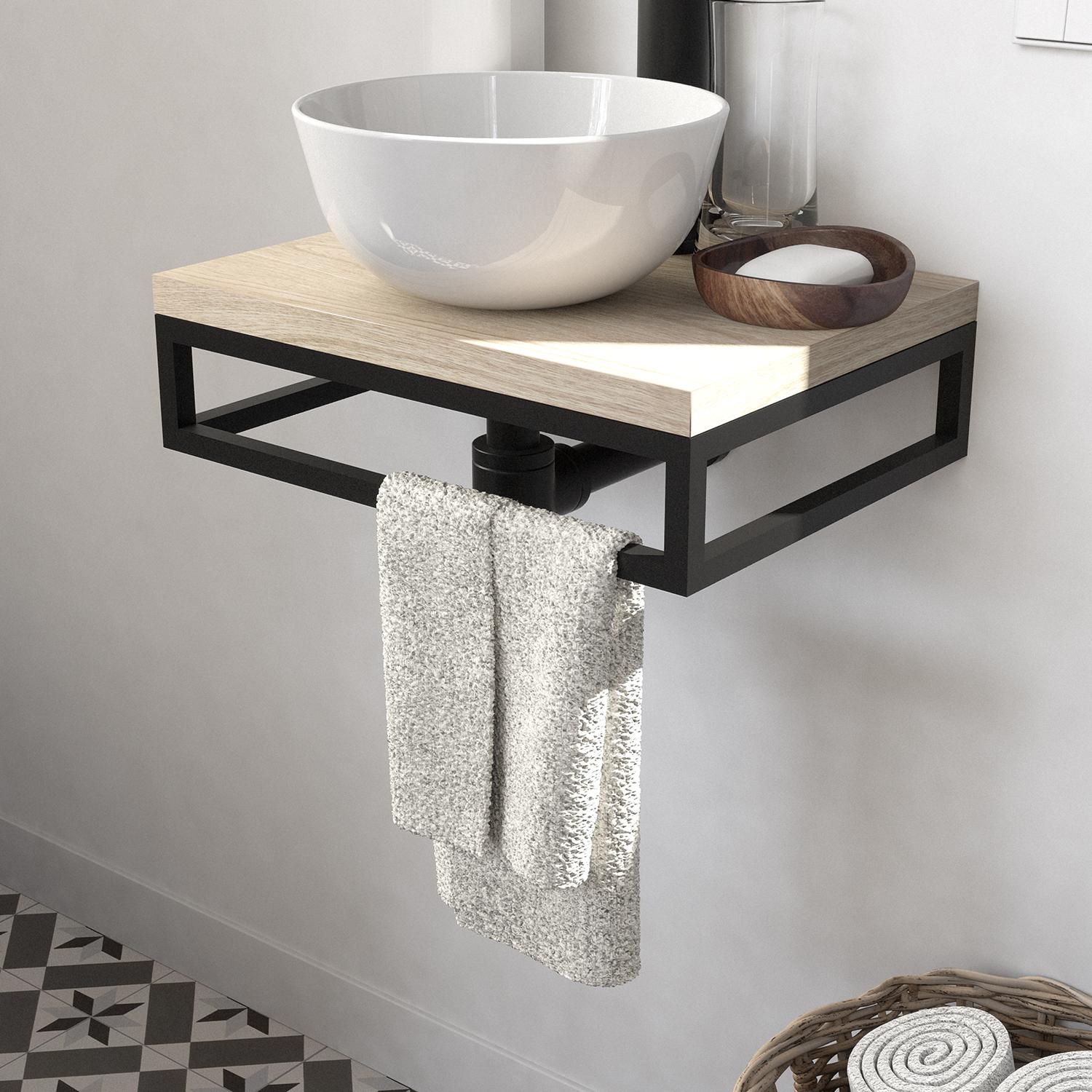 Meuble lave-mains plan fin porte-serviettes dessous + vasque blanche + robinet + miroir