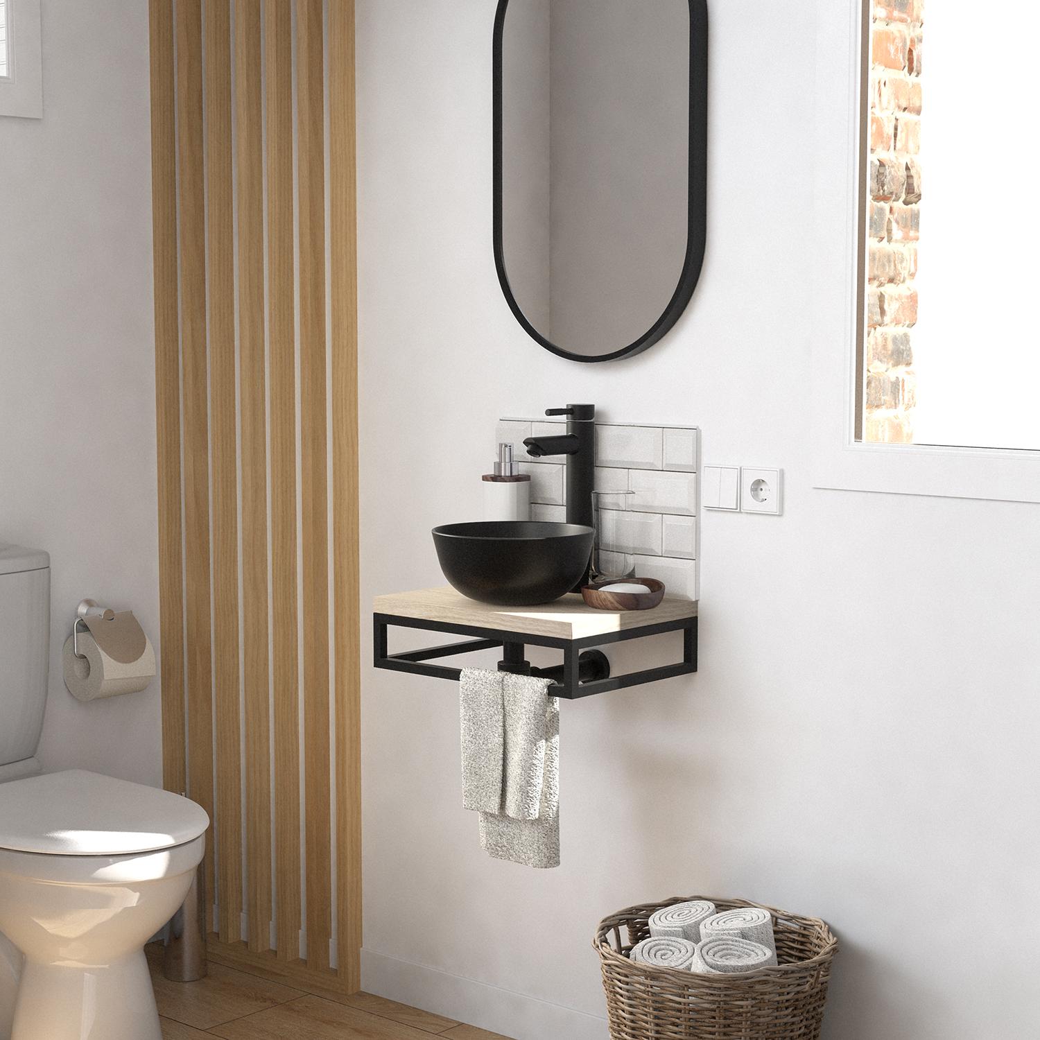 Meuble lave-mains plan fin porte-serviettes dessous + vasque noire + miroir