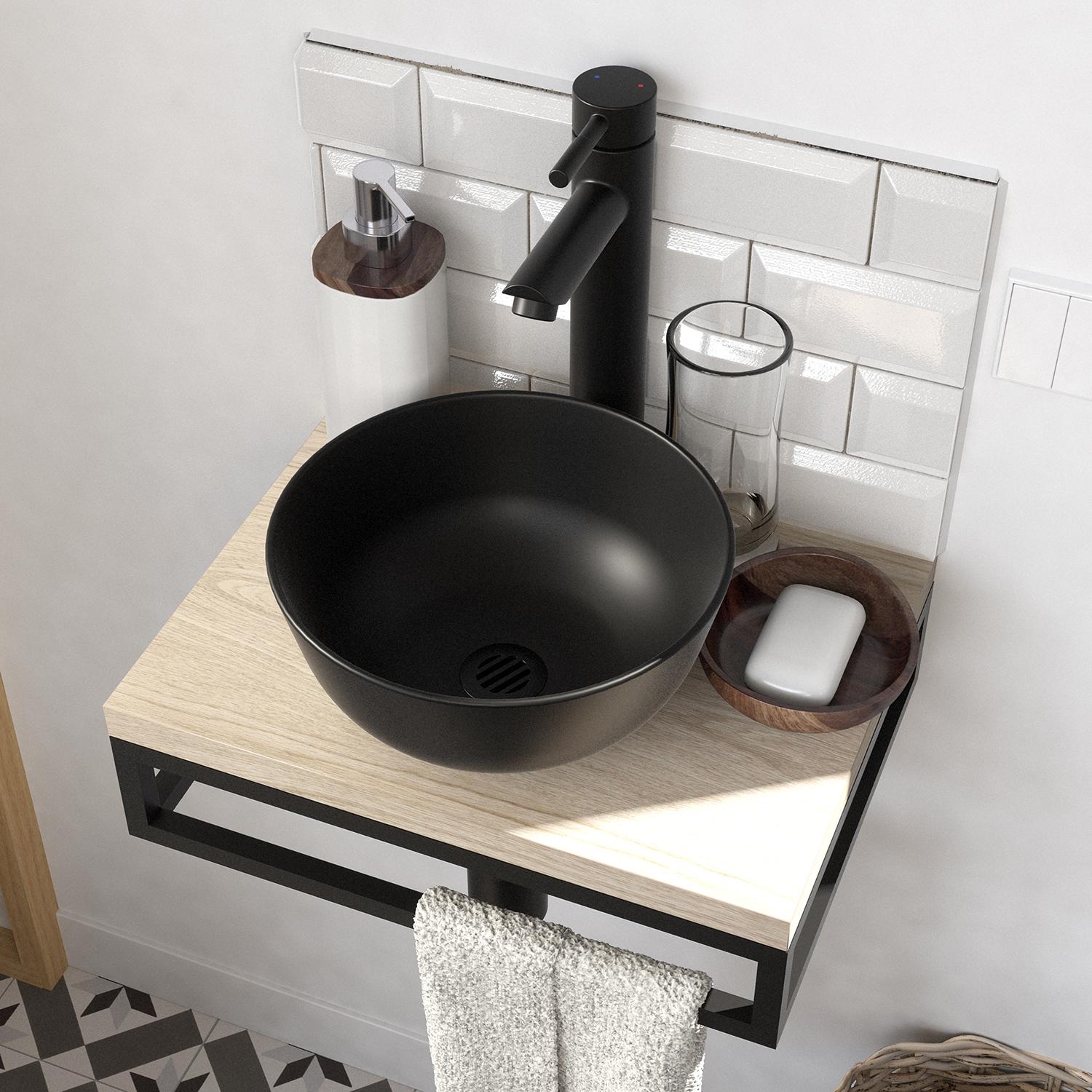 Meuble lave-mains plan fin porte-serviettes dessous + vasque noire + miroir