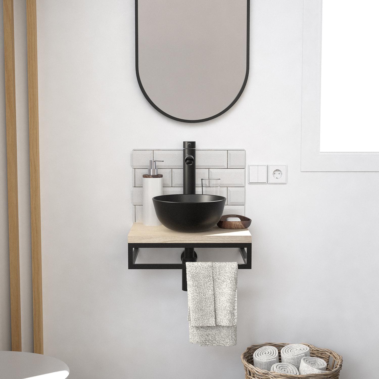 Meuble lave-mains plan fin porte-serviettes dessous + vasque noire + robinet + miroir