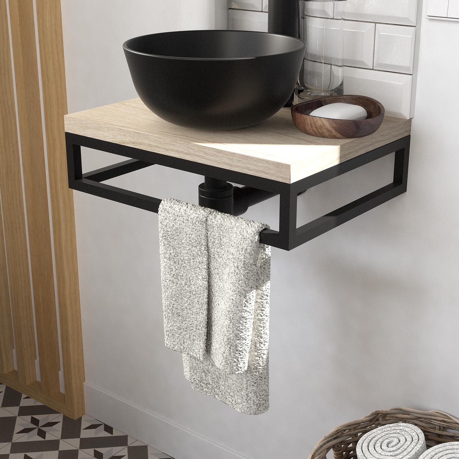 Meuble lave-mains plan fin porte-serviettes dessous + vasque noire + robinet + miroir