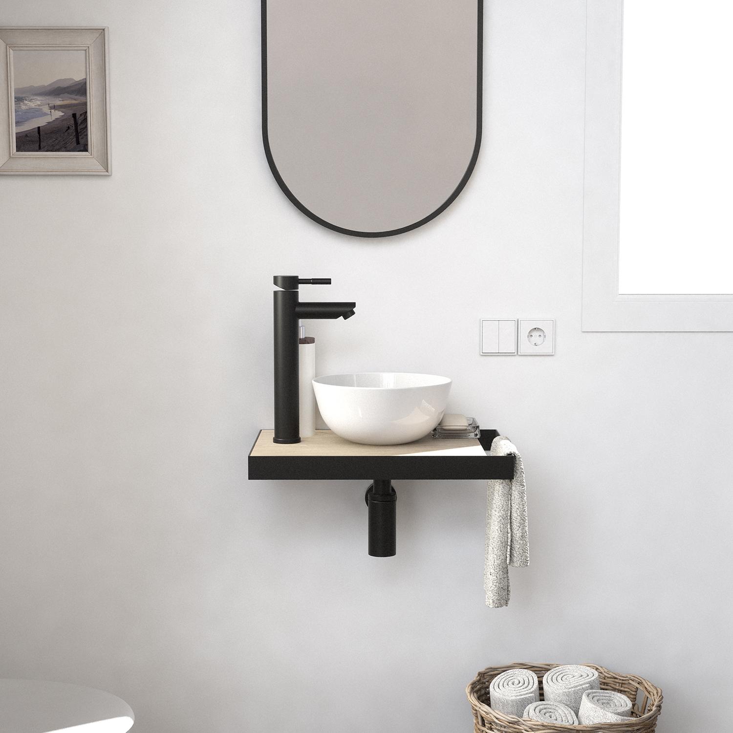 Meuble lave-mains plan fin porte-serviettes côté + vasque blanche + robinet + miroir