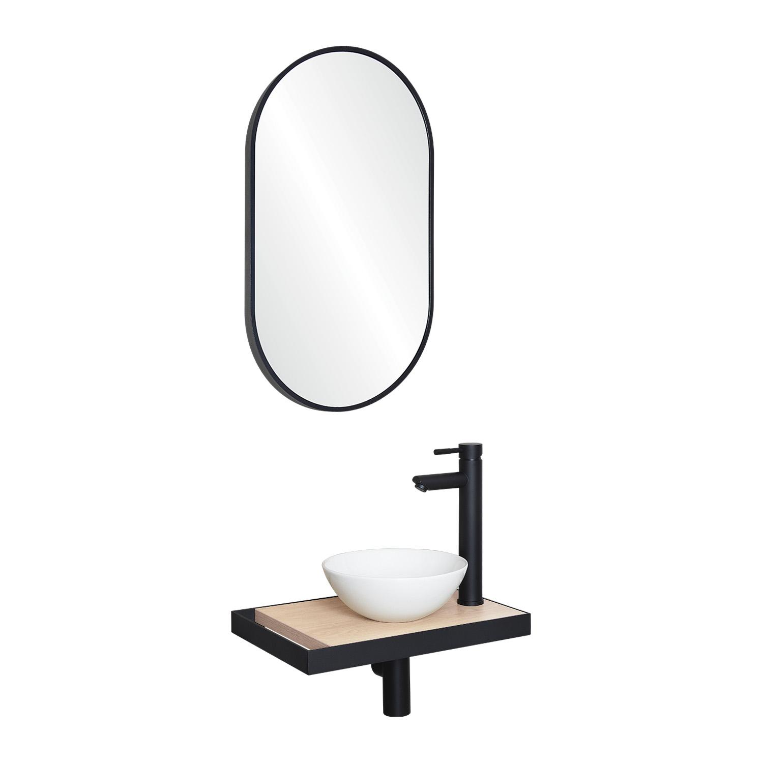 Meuble lave-mains plan fin porte-serviettes côté + vasque blanche + miroir