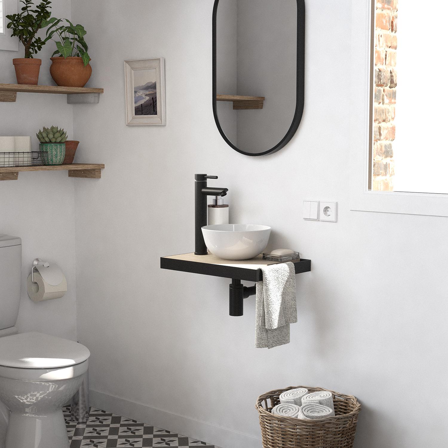 Meuble lave-mains plan fin porte-serviettes côté + vasque blanche + miroir