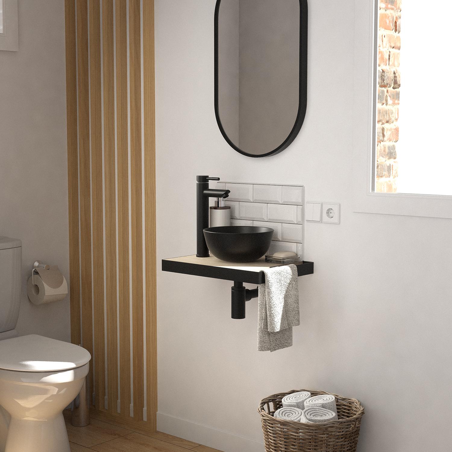 Meuble lave-mains plan fin porte-serviettes côté + vasque noire + miroir