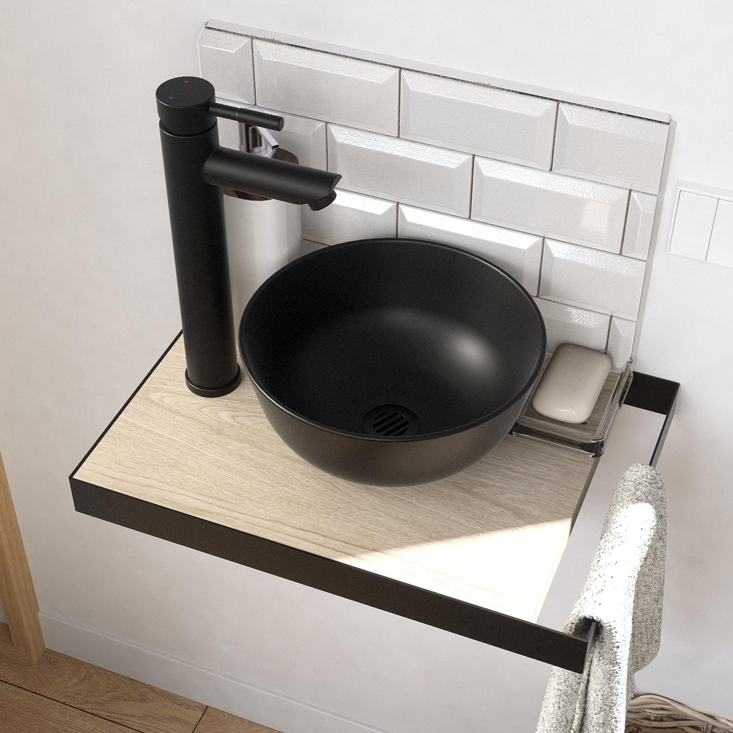 Meuble lave-mains plan fin porte-serviettes côté + vasque noire + miroir