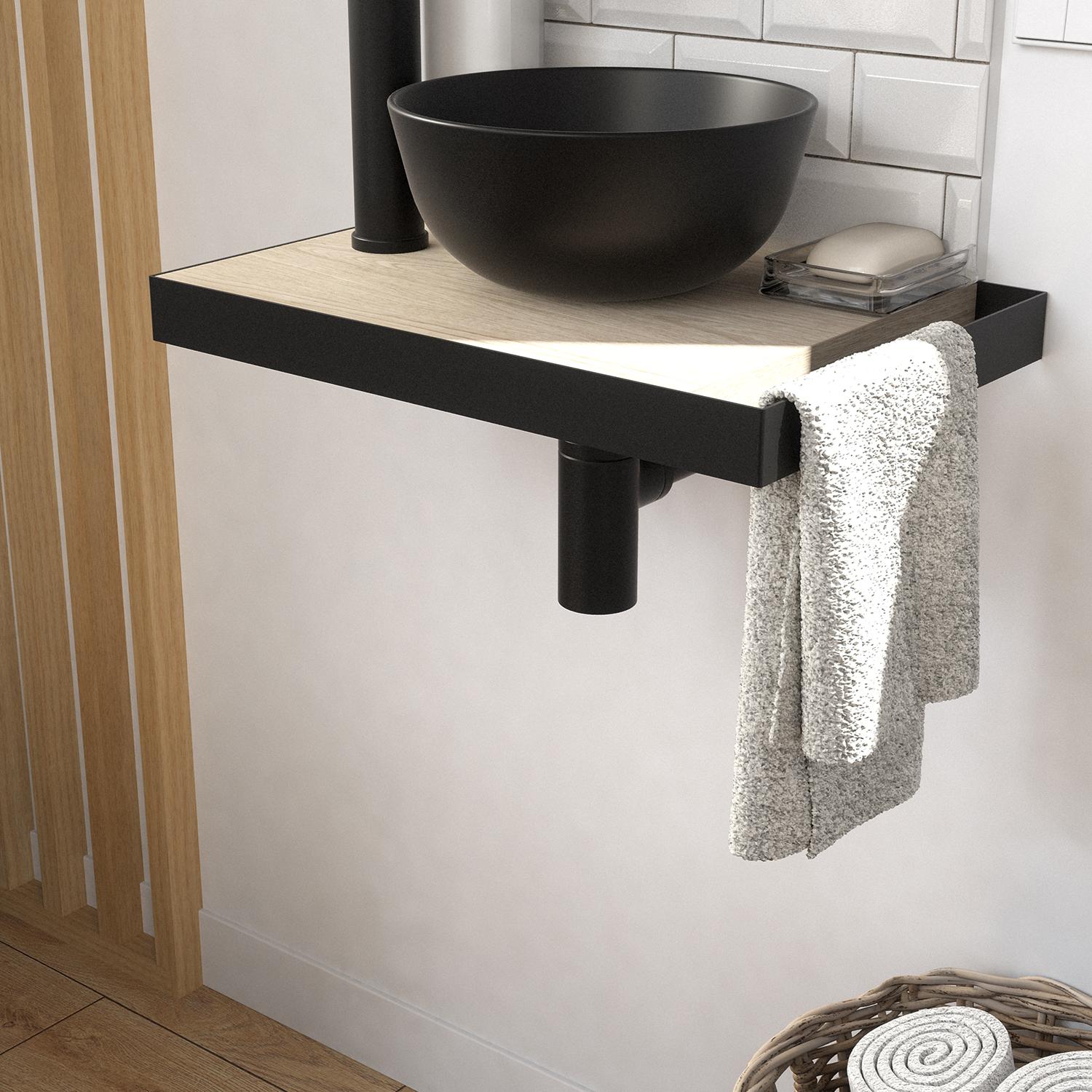 Meuble lave-mains plan fin porte-serviettes côté + vasque noire + miroir