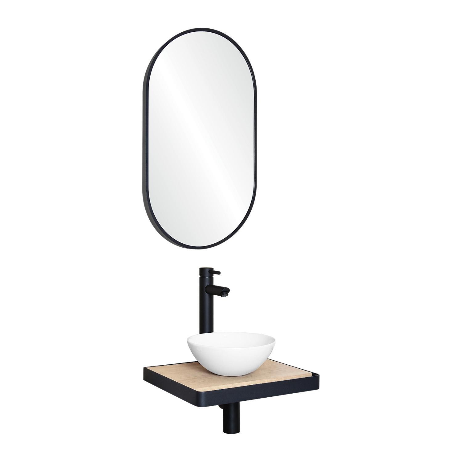 Meuble lave-mains plan fin porte-serviettes face + vasque blanche + miroir