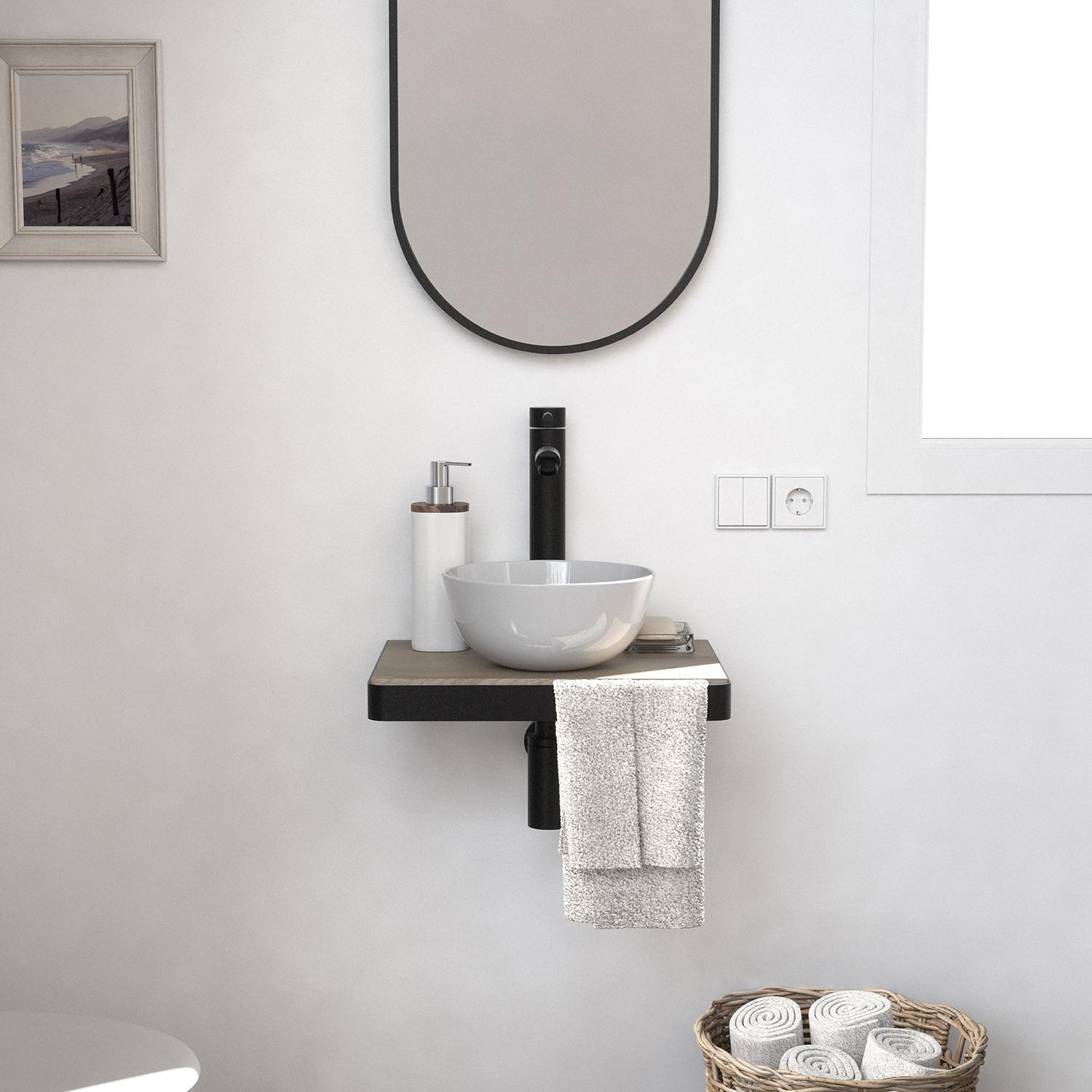 Meuble lave-mains plan fin porte-serviettes face + vasque blanche + robinet + miroir