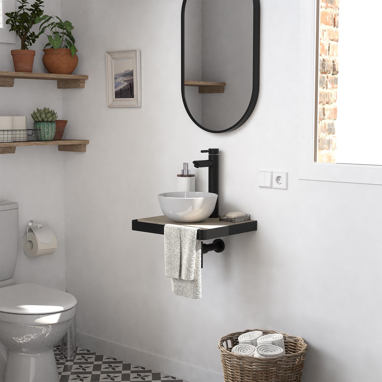 Meuble lave-mains plan fin porte-serviettes face + vasque blanche + robinet + miroir