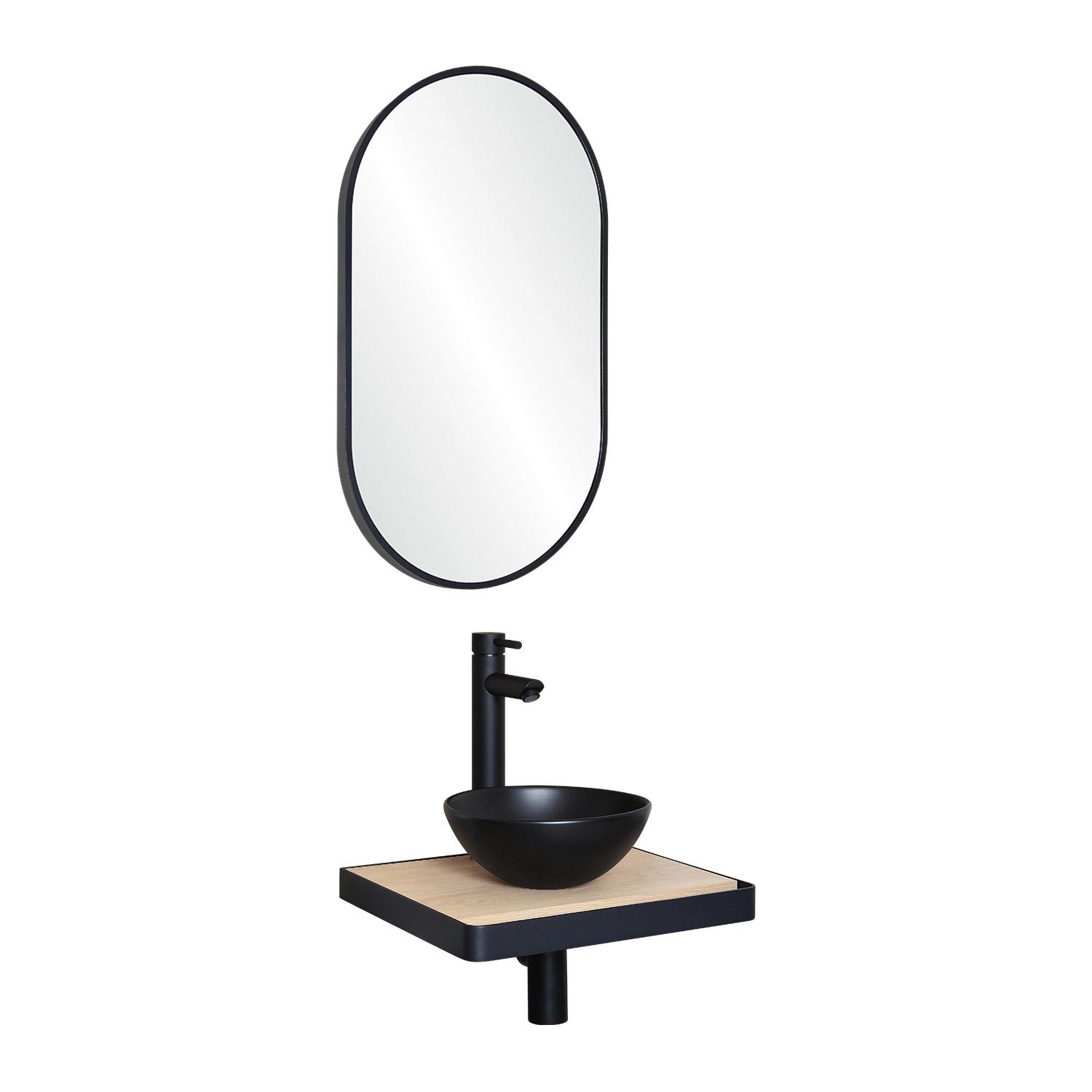 Meuble lave-mains plan fin porte-serviettes face + vasque noire + miroir