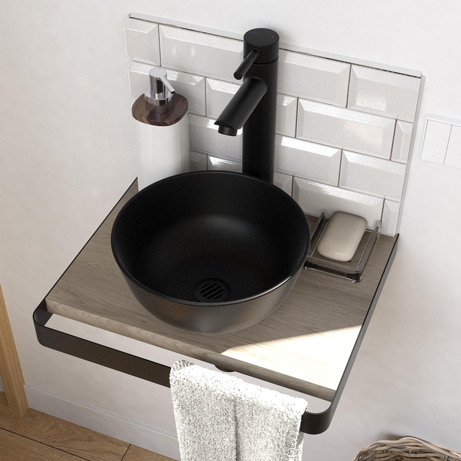 Meuble lave-mains plan fin porte-serviettes face + vasque noire + miroir