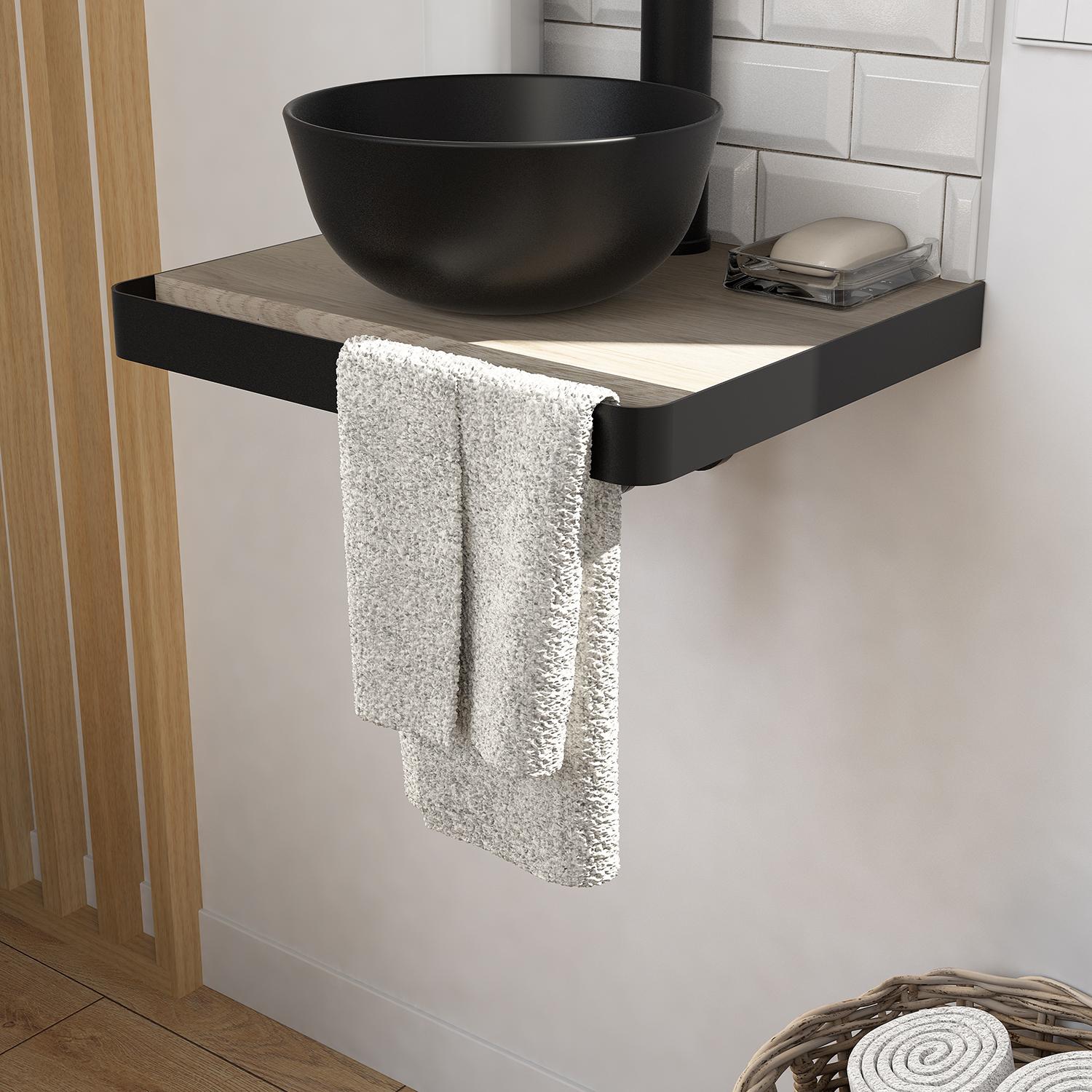 Meuble lave-mains plan fin porte-serviettes face + vasque noire + miroir