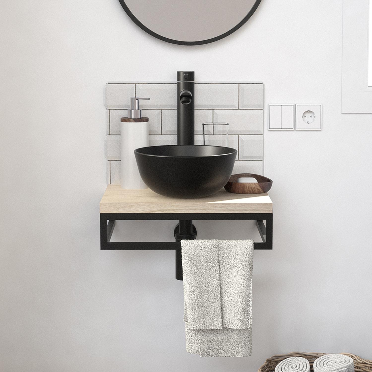 Meuble lave-mains plan fin porte-serviettes dessous + vasque noire