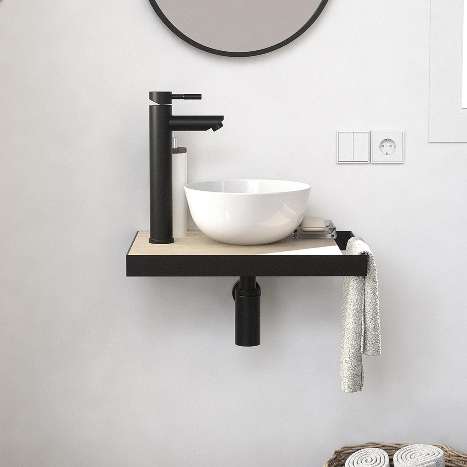 Meuble lave-mains plan fin porte-serviettes côté + vasque blanche