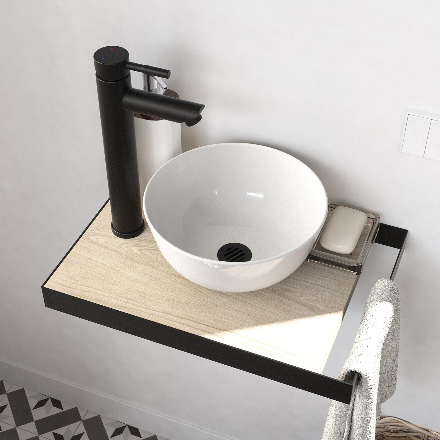Meuble lave-mains plan fin porte-serviettes côté + vasque blanche