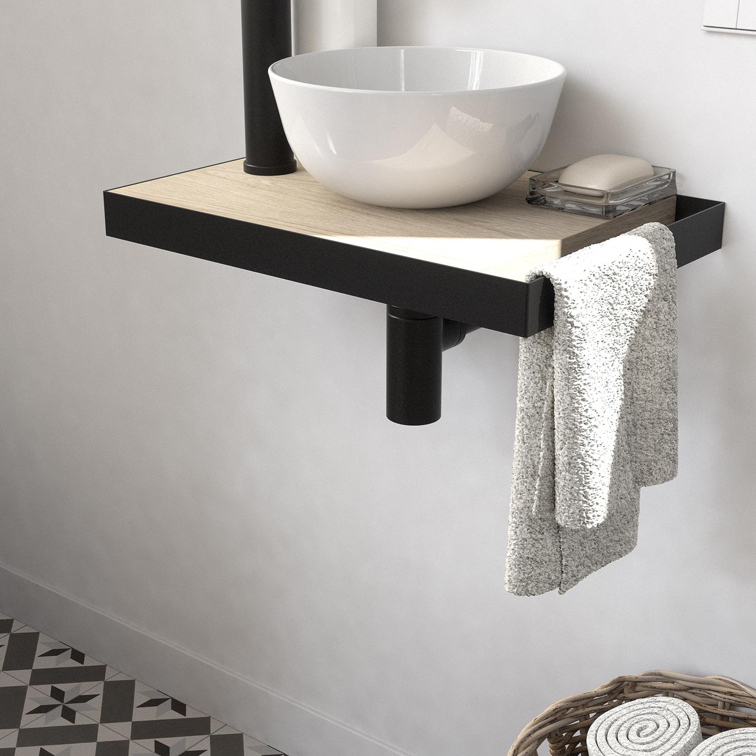 Meuble lave-mains plan fin porte-serviettes côté + vasque blanche